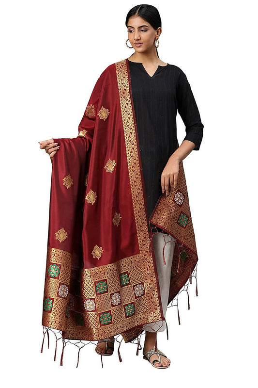 Mimosa Women's Maroon & Gold-Toned Woven Design Dupatta