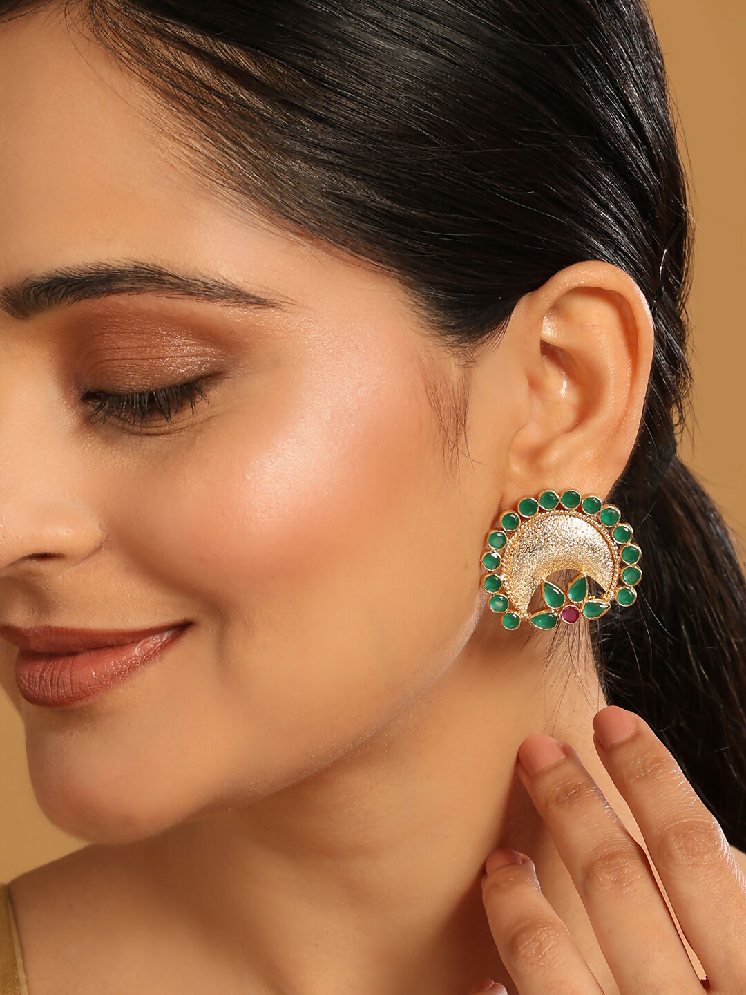 Nuyug 22K Gold Plated Faux Emerald Stone Studded Contemporary Shaped Studs | Swadesiicart
