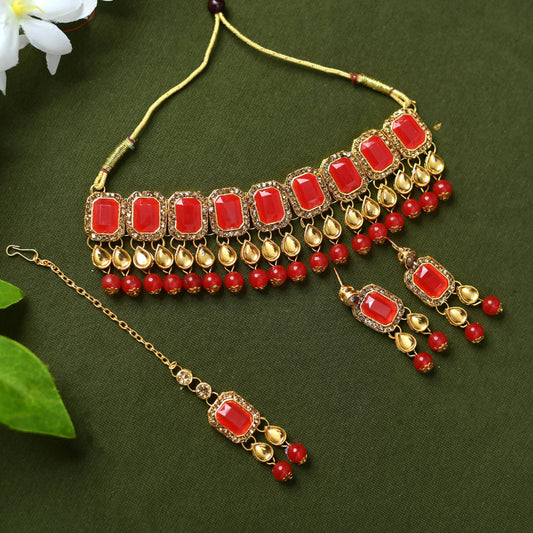 Mominos Fashion Johar Kamal Gold-Plated Brass Finish Kundan/Pearls Choker For Women (Red) - Grab2buy
