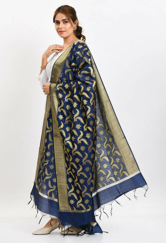 Mominos Fashion Moeza Women's Banarsi Silk Floral Woven Design Navy Blue Dupatta 