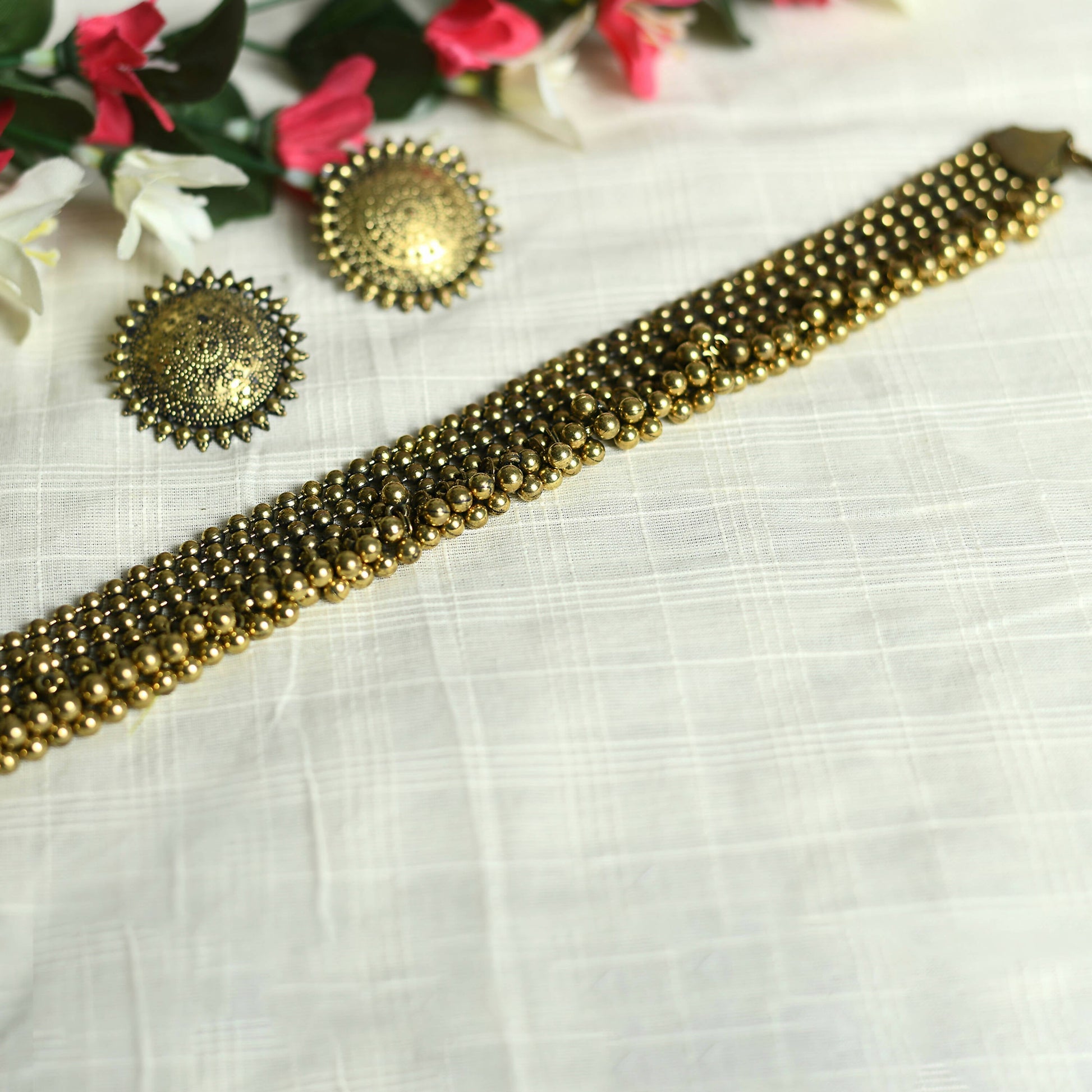 Mominos Fashion Johar Kamal Oxidised Gold-Plated Brass Finish Ghungroo Design Choker Set - Grab2buy