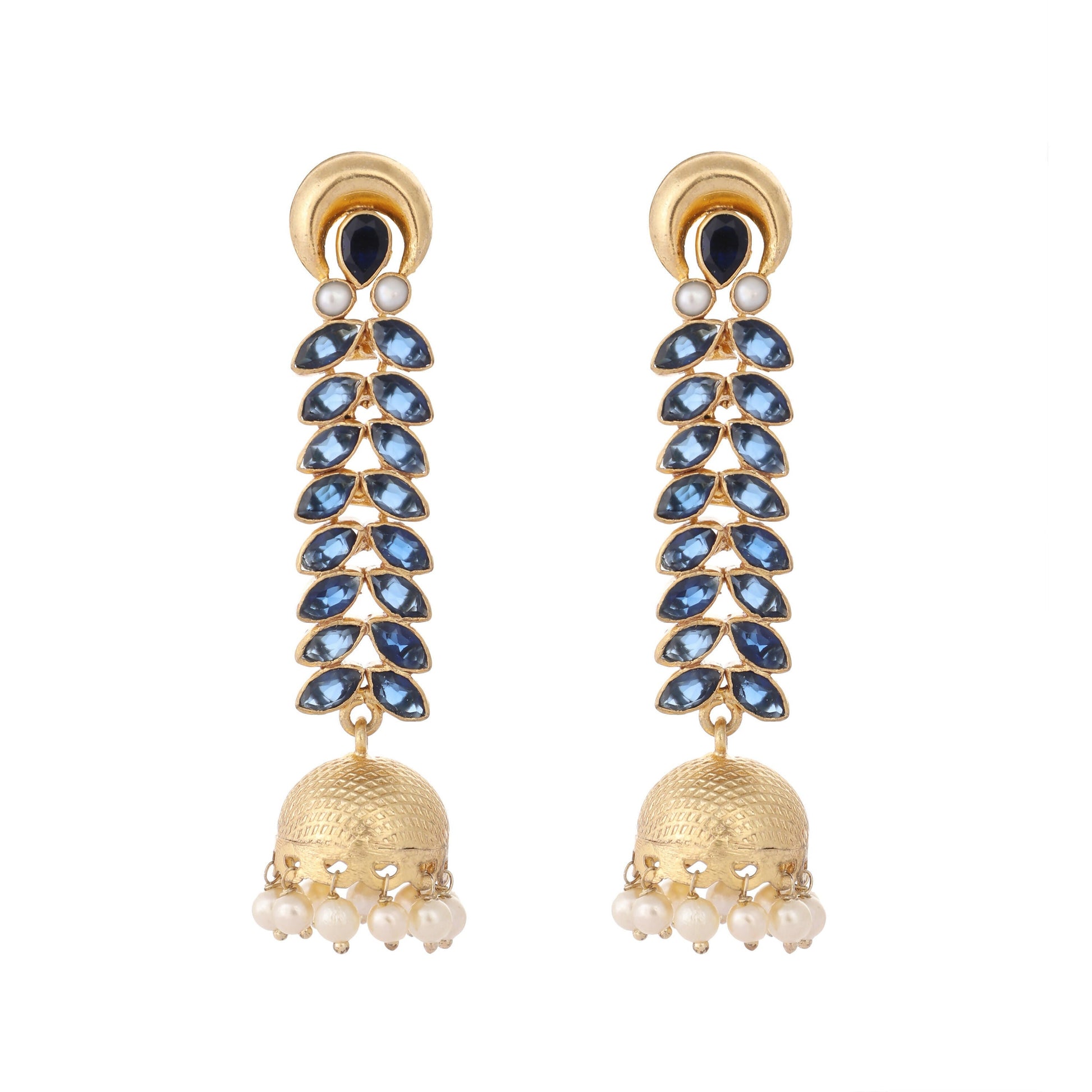Nuyug 22K Gold-Plated Blue Onyx & Pearl Studded Dome Shaped Jhumkas | Swadesiicart