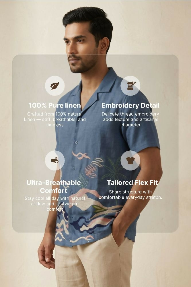 Mirage — Deep Blue Embroidered Linen Shirt by Hilo Design
