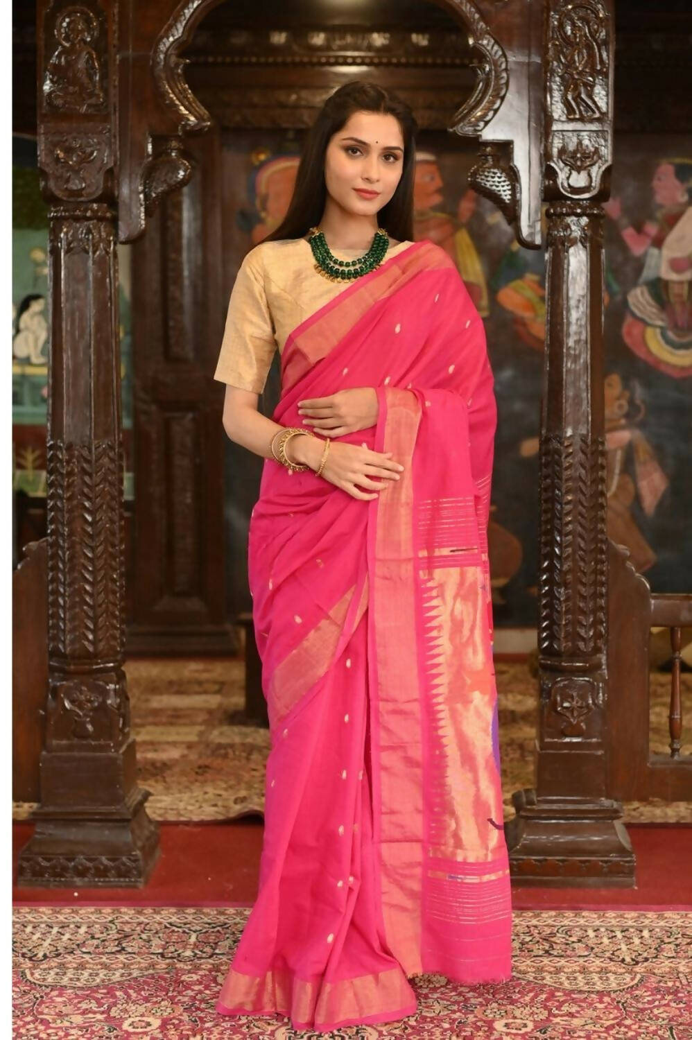 Very Much Indian Handloom Pure Cotton Paithani Radhakrishna Pallu-Rani Pink 