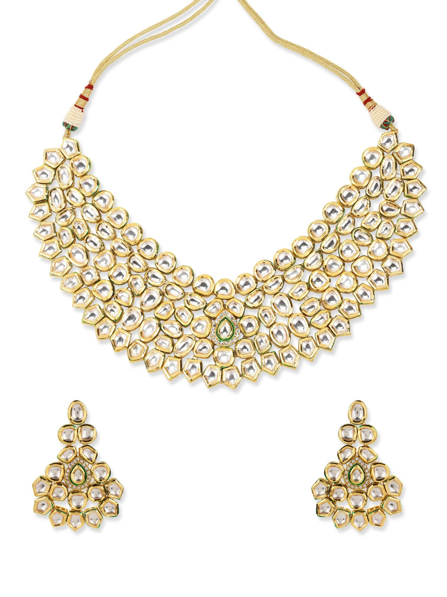 Gold Plated Maharani Kundan Neckpiece With Earrings And Maang Tikka - Ruby Raang - Grab2buy
