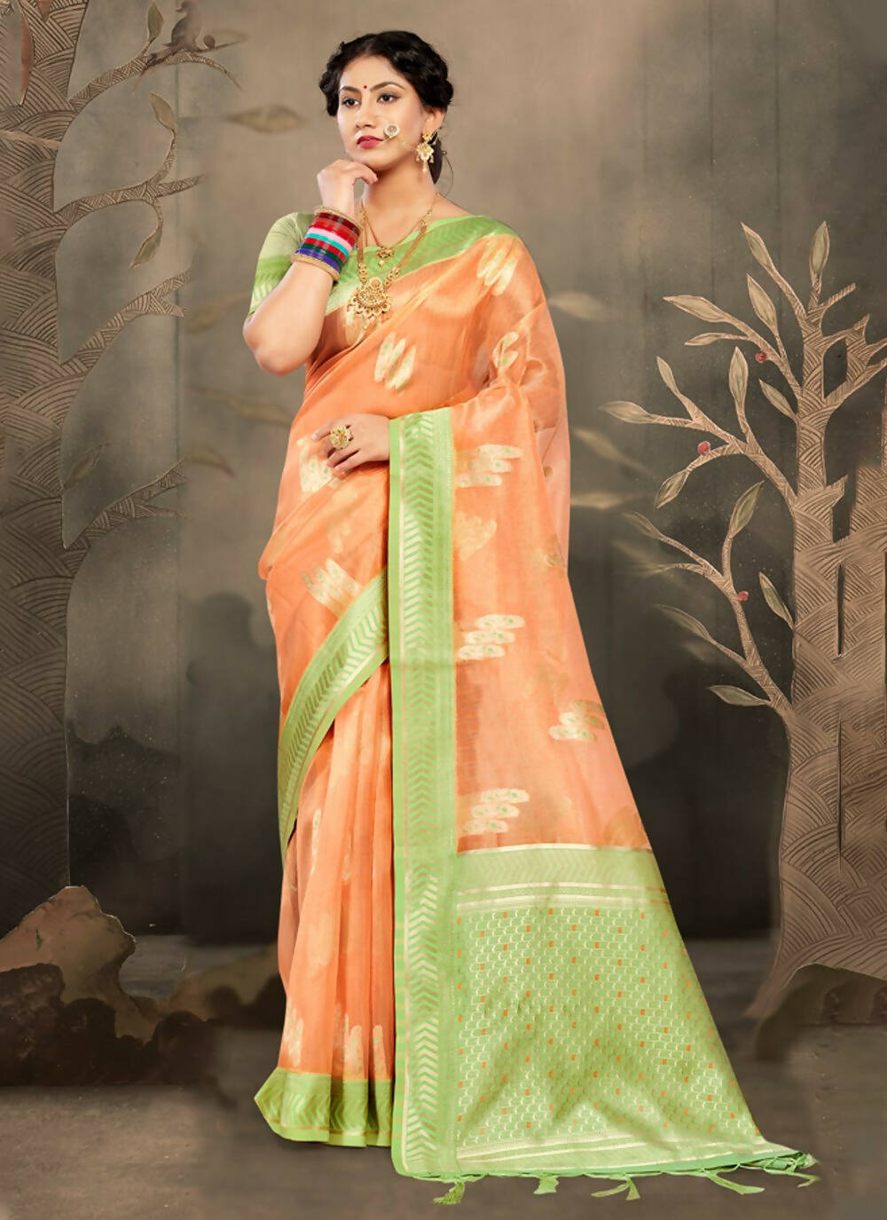 Orange Cotton Zari Woven Design Saree with Unstitched Blouse Piece - Aachal
