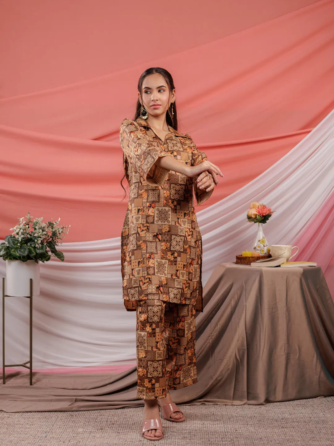 Yufta Cotton Brown Digital Printed Workwear Co-Ord Set With Pintuck Detailing On Sleeves 