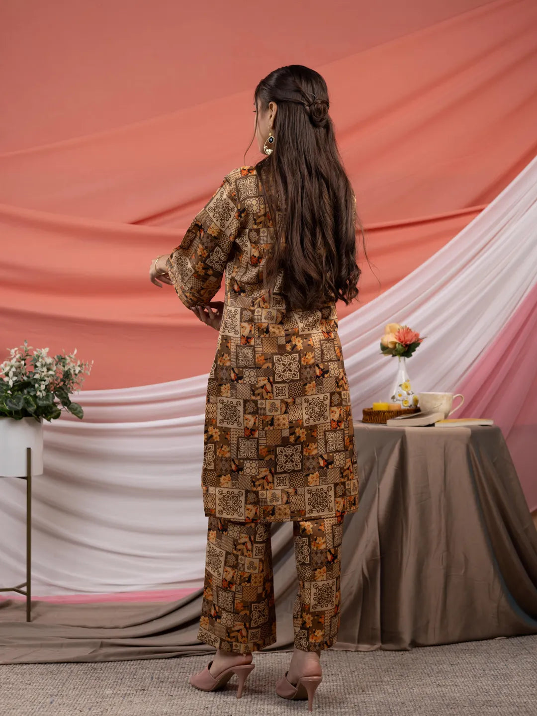 Yufta Cotton Brown Digital Printed Workwear Co-Ord Set With Pintuck Detailing On Sleeves 