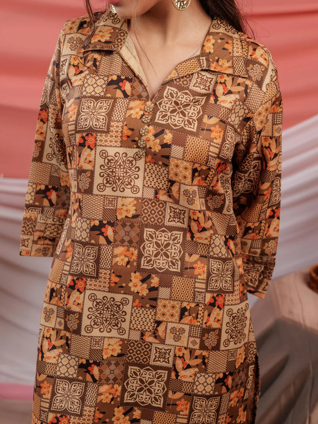 Yufta Cotton Brown Digital Printed Workwear Co-Ord Set With Pintuck Detailing On Sleeves 
