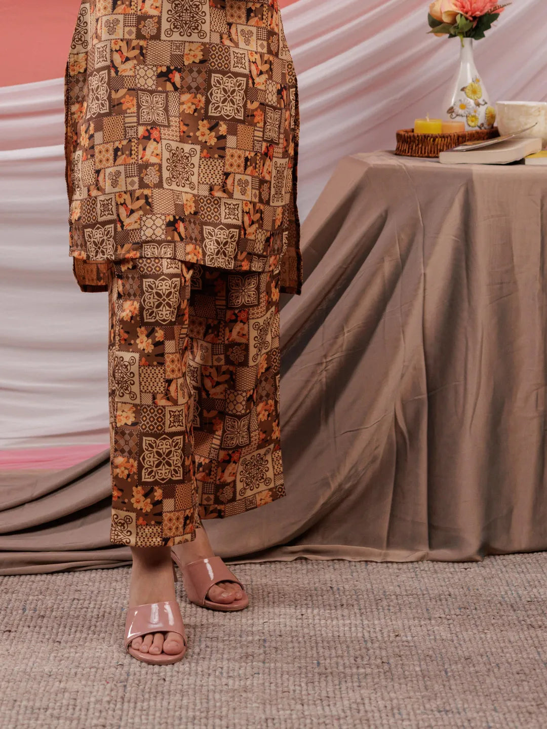Yufta Cotton Brown Digital Printed Workwear Co-Ord Set With Pintuck Detailing On Sleeves 