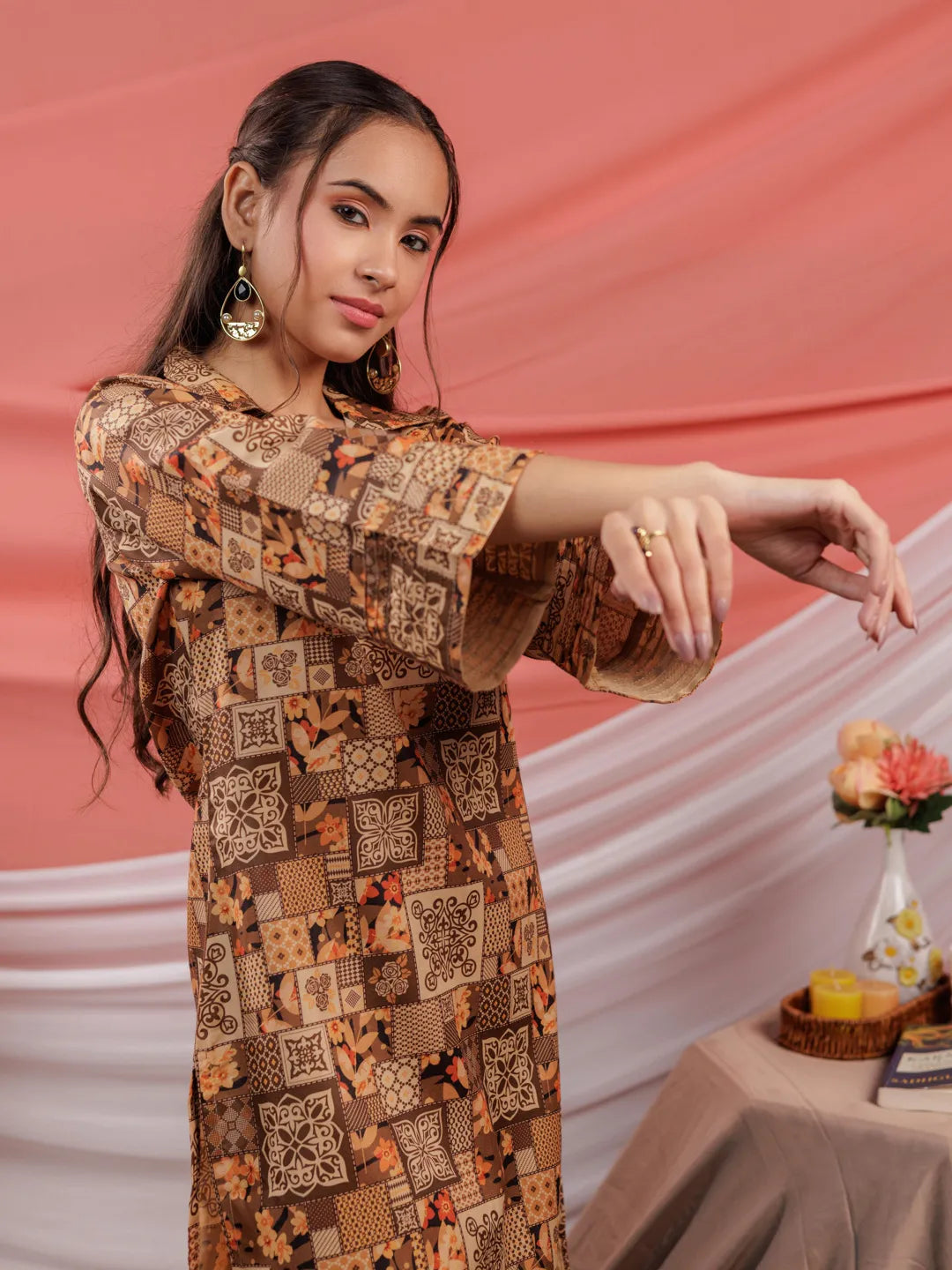 Yufta Cotton Brown Digital Printed Workwear Co-Ord Set With Pintuck Detailing On Sleeves 