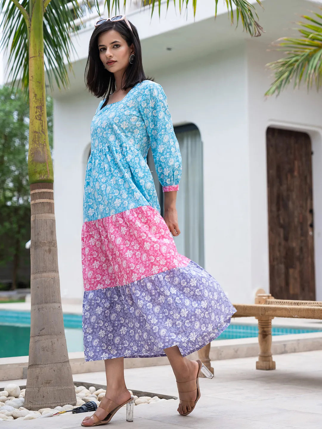 Yufta Blue Cotton Colour Blocking Tiered Dress  Grab2Buy Yufta Grab2Buy