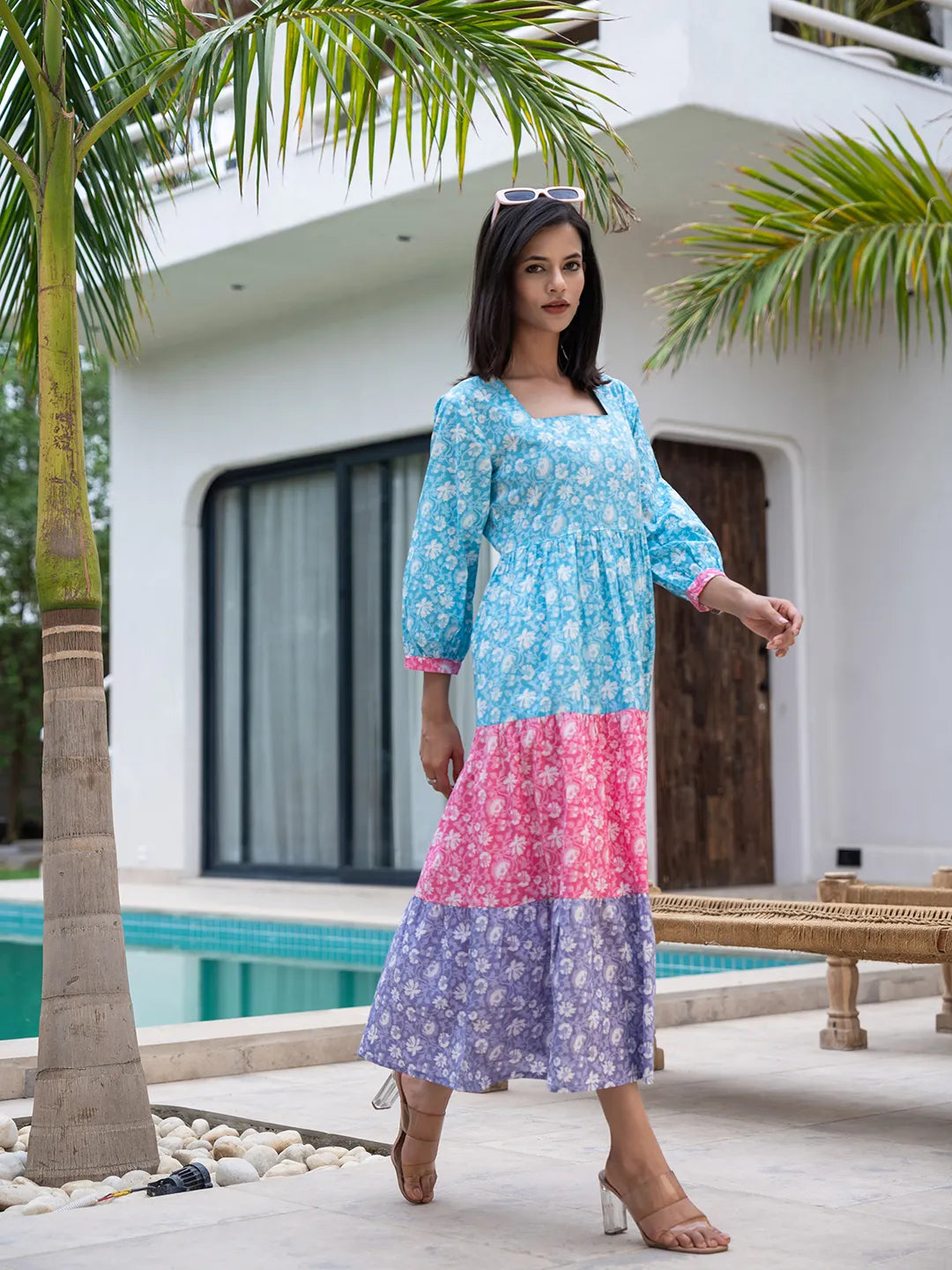 Yufta Blue Cotton Colour Blocking Tiered Dress  Grab2Buy Yufta Grab2Buy