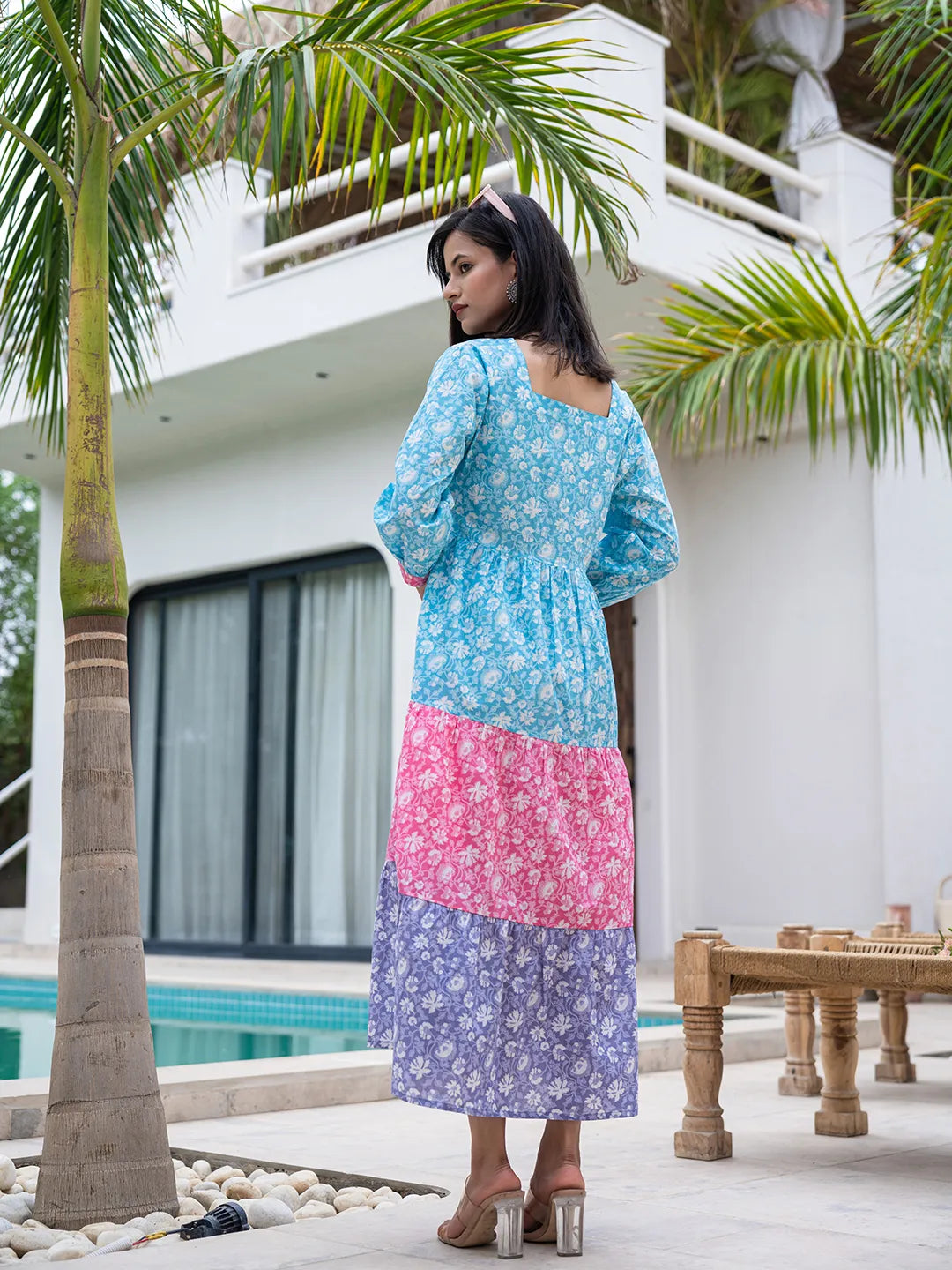 Yufta Blue Cotton Colour Blocking Tiered Dress  Grab2Buy Yufta Grab2Buy