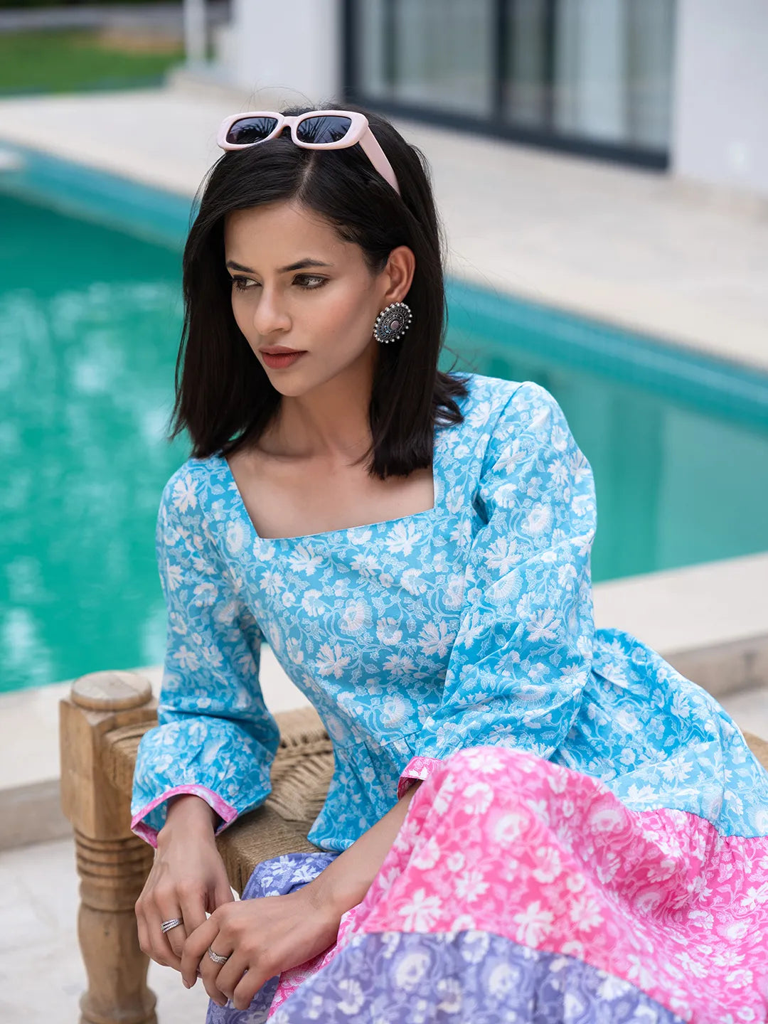 Yufta Blue Cotton Colour Blocking Tiered Dress  Grab2Buy Yufta Grab2Buy