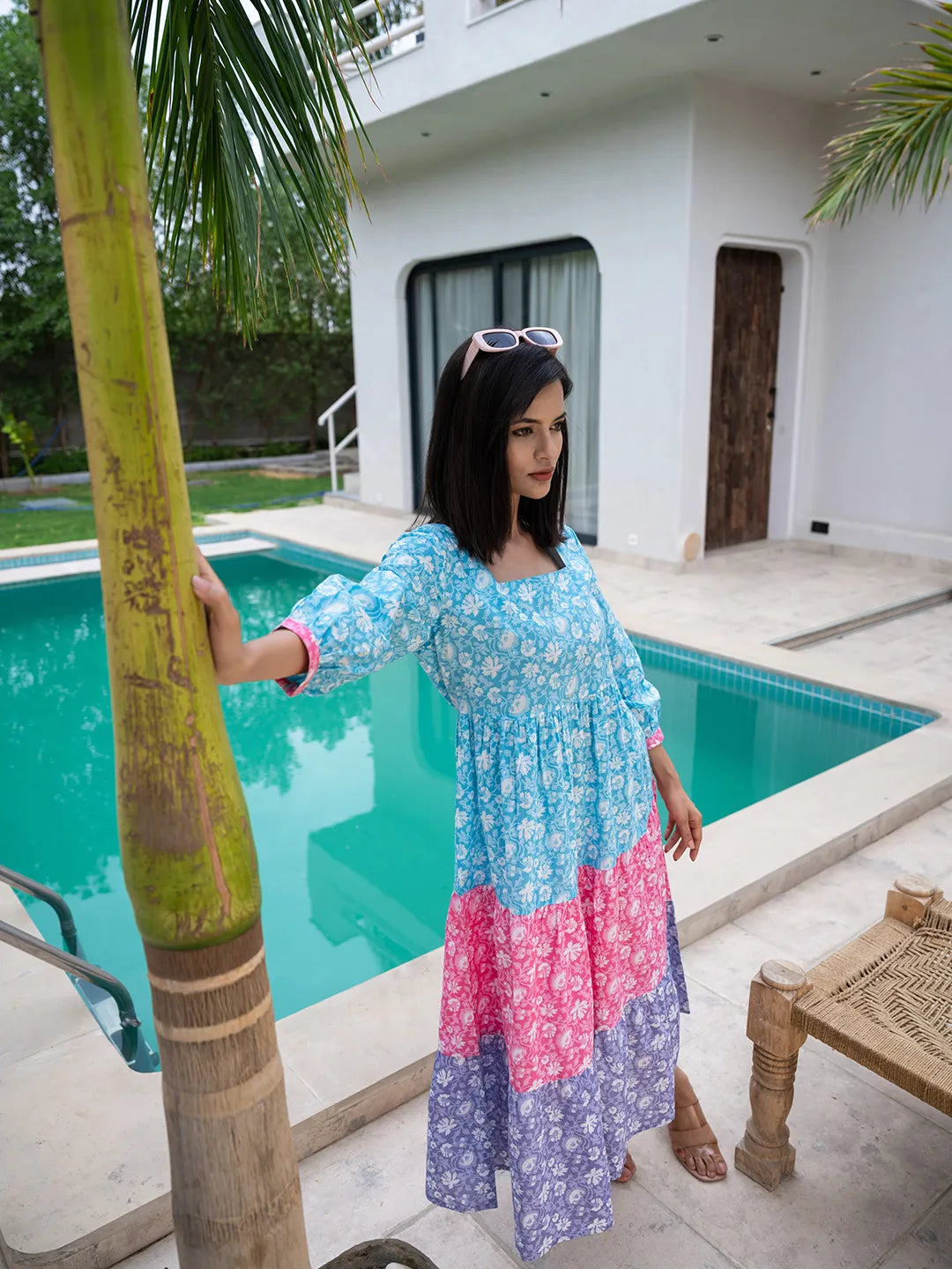 Yufta Blue Cotton Colour Blocking Tiered Dress  Grab2Buy Yufta Grab2Buy