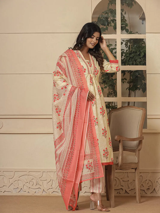 Yufta Cotton Cream And Peach Kurta Dupatta Set