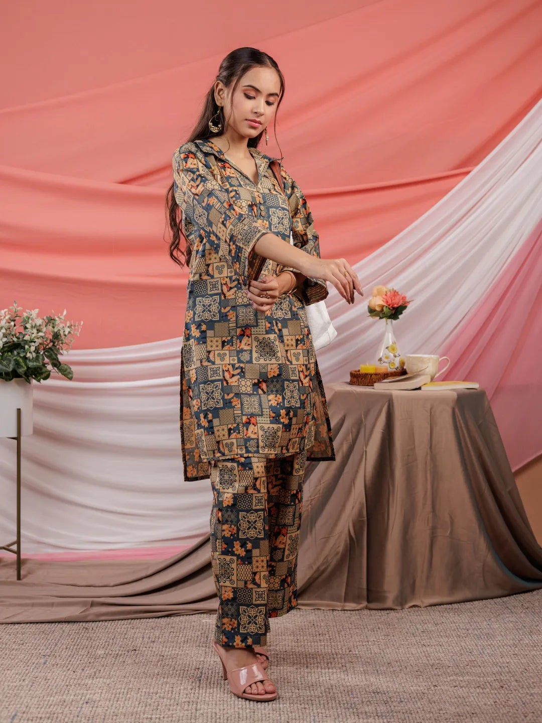 Yufta Cotton Green Digital Printed Workwear Co-Ord Set With Pintuck Detailing On Sleeves 