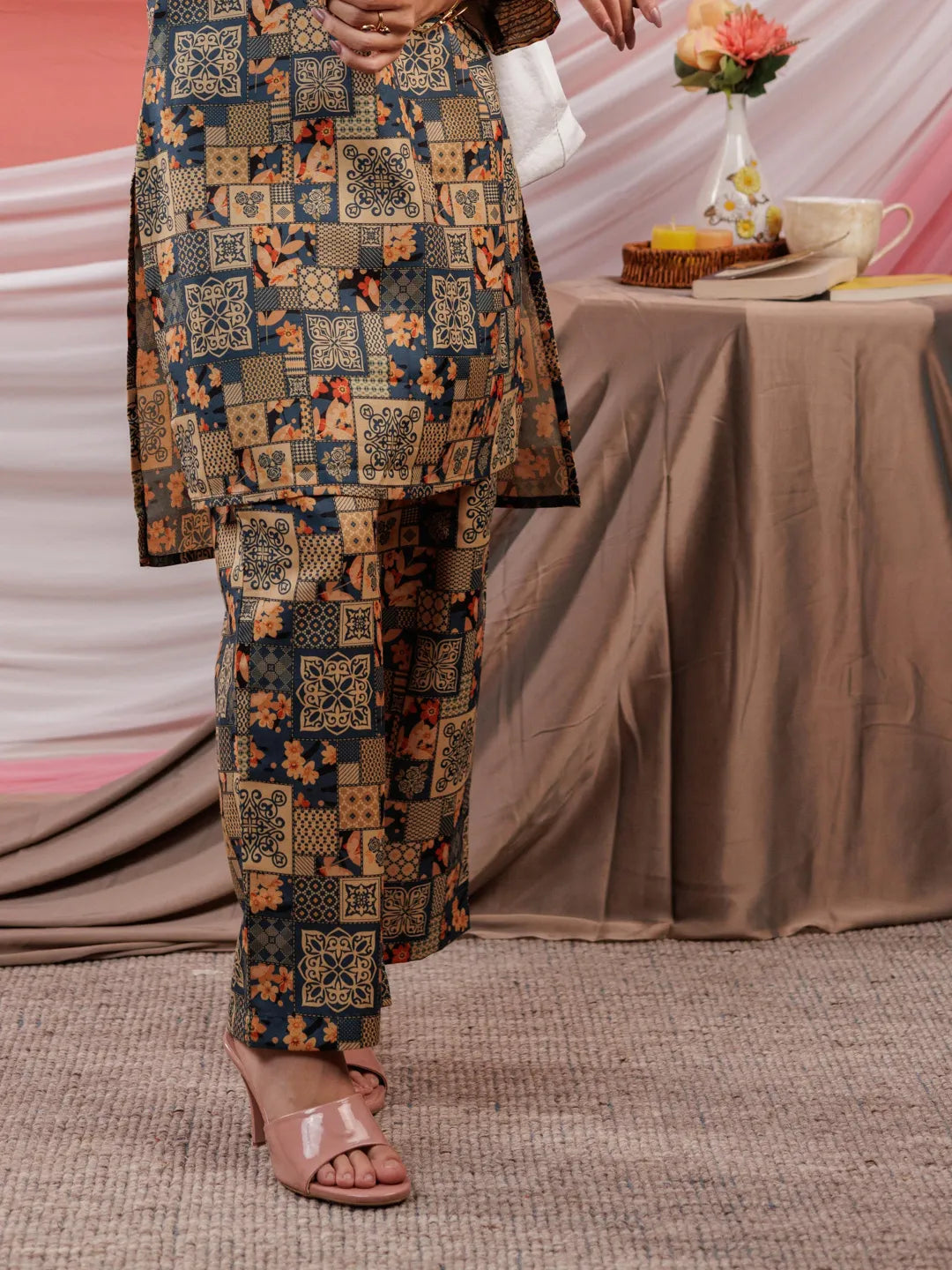 Yufta Cotton Green Digital Printed Workwear Co-Ord Set With Pintuck Detailing On Sleeves 