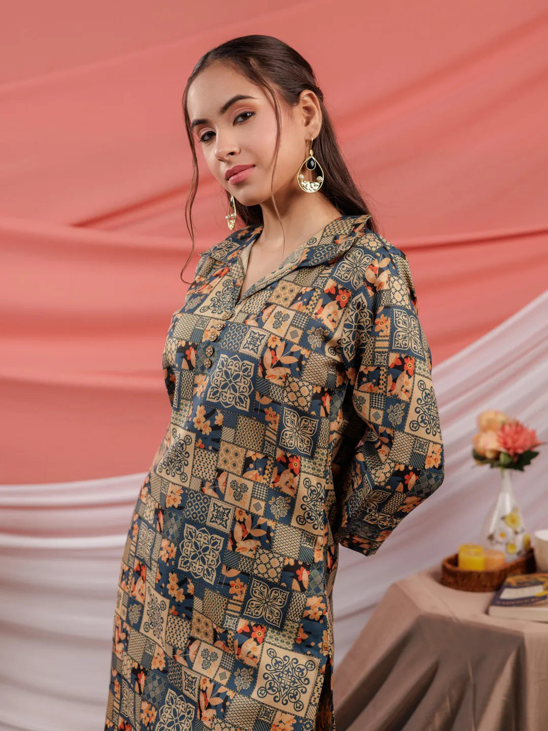 Yufta Cotton Green Digital Printed Workwear Co-Ord Set With Pintuck Detailing On Sleeves 