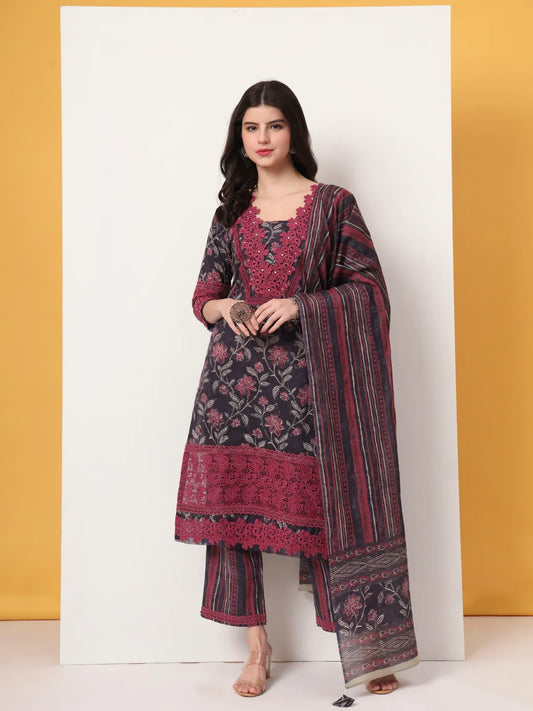 Yufta Cotton Purple Kurta Dupatta Set With Lace Detailing