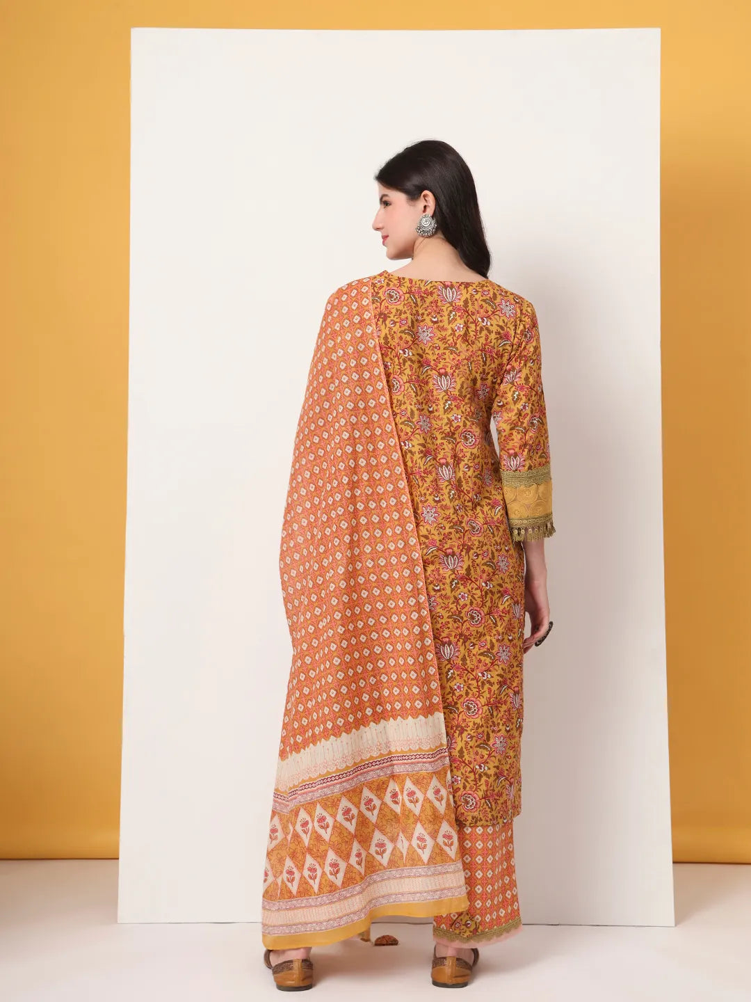 Yufta Cotton Yellow Kurta Dupatta Set With Lace Detailing