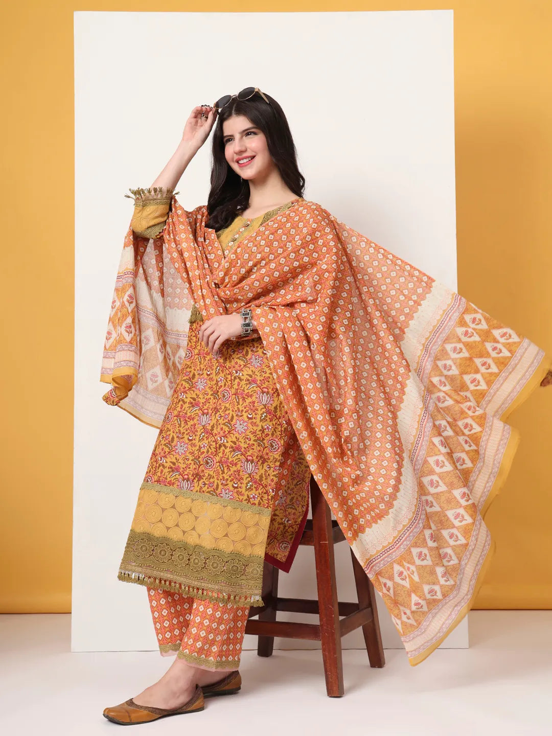 Yufta Cotton Yellow Kurta Dupatta Set With Lace Detailing