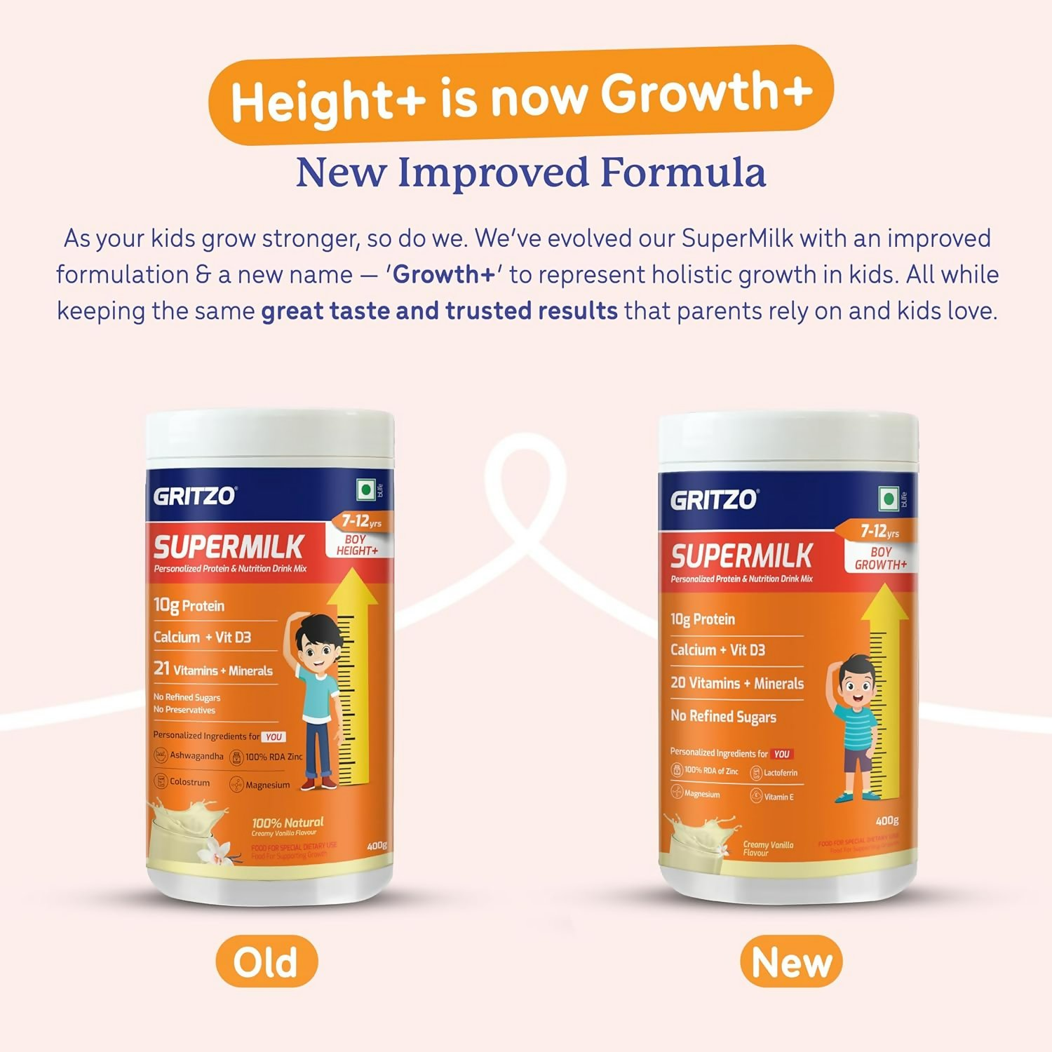 Gritzo SuperMilk Growth+ (Formerly Height+) (7-12y Boys), 10g Protein Powder-Creamy Vanilla