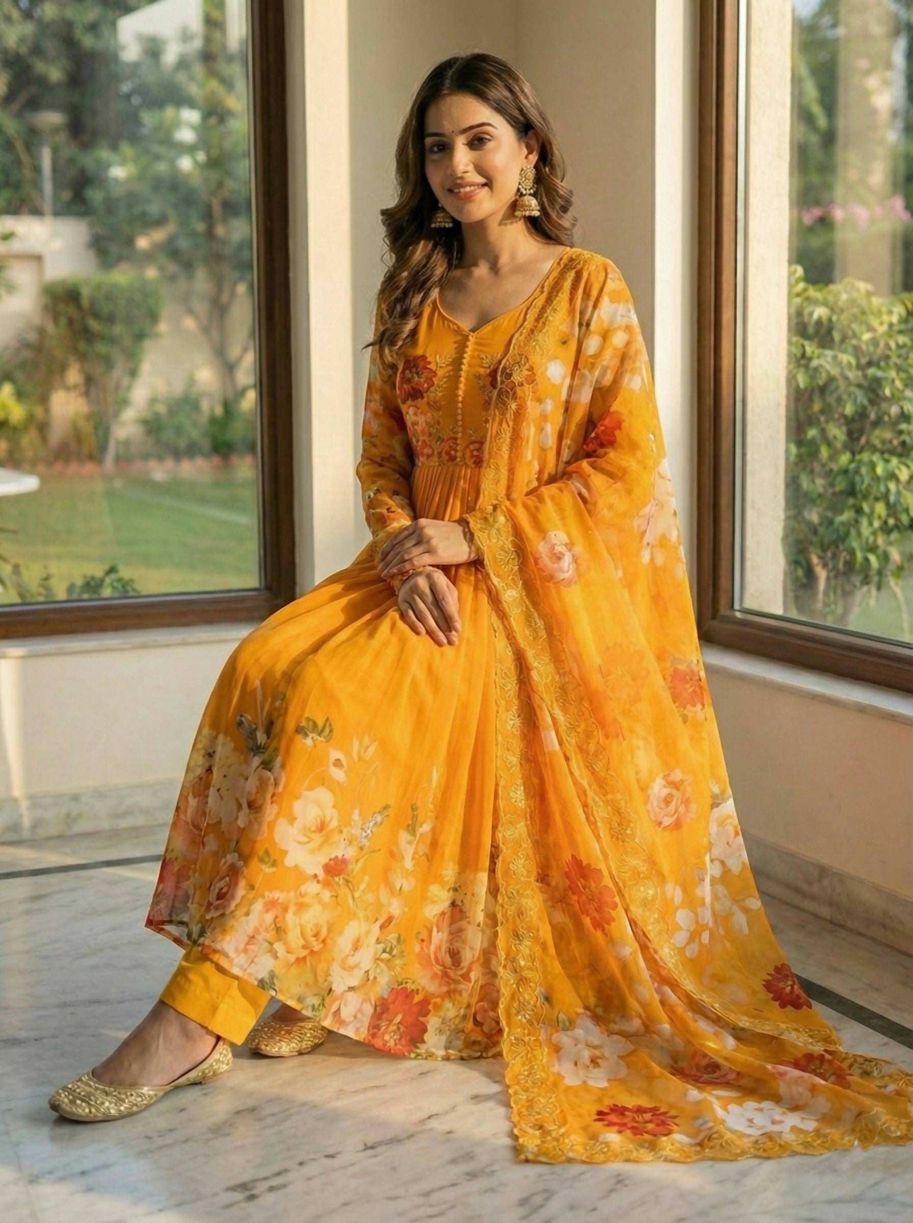 Teeya Creation Womens New Fancy Fox Georgette Heavy Quality Fabric With Handwork Orange Gown Set