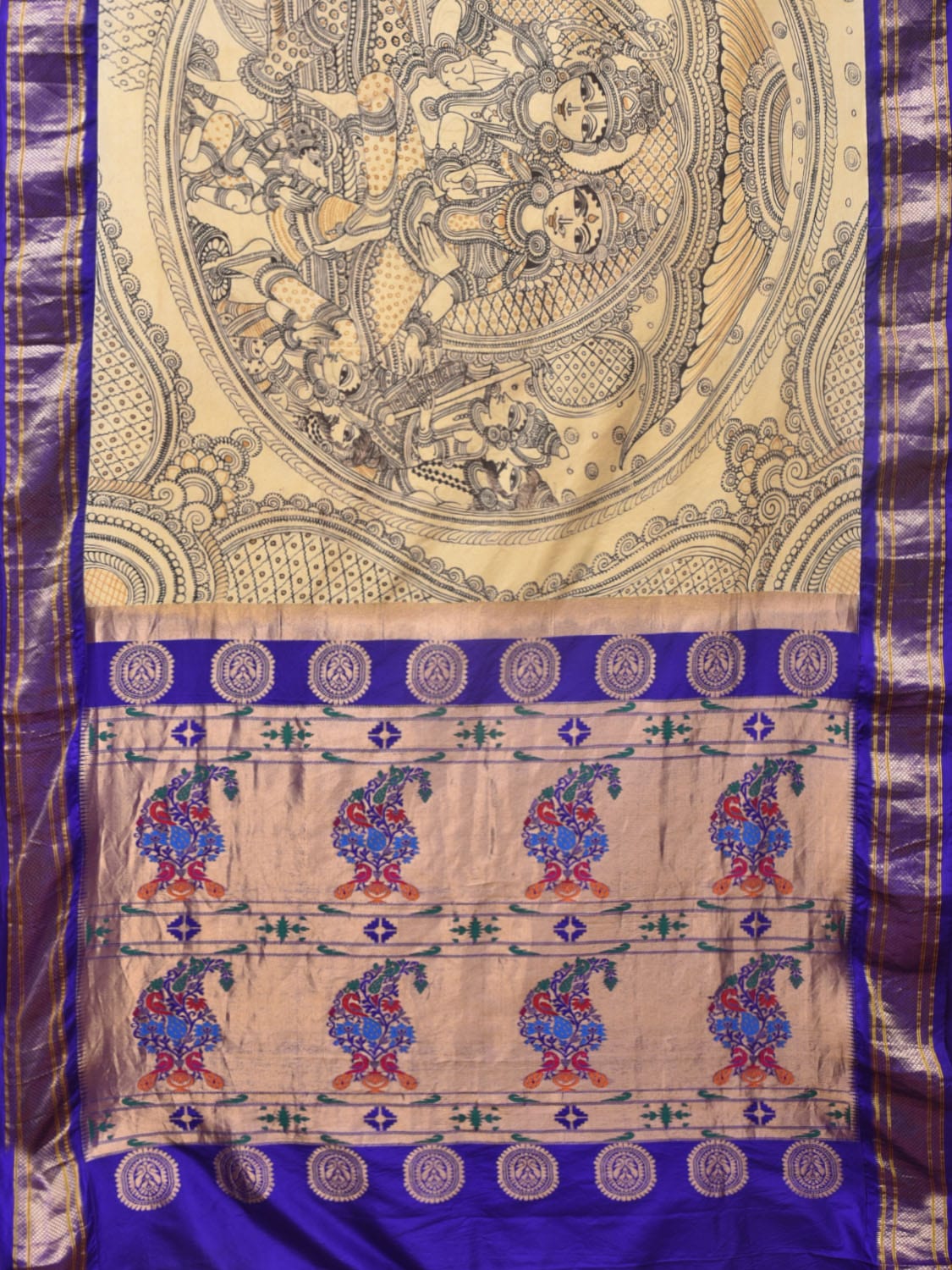 Cream and Blue Kalamkari Hand Painted Paithani Silk Handloom Grab2Buy with Ramayana Design - Global Threads 