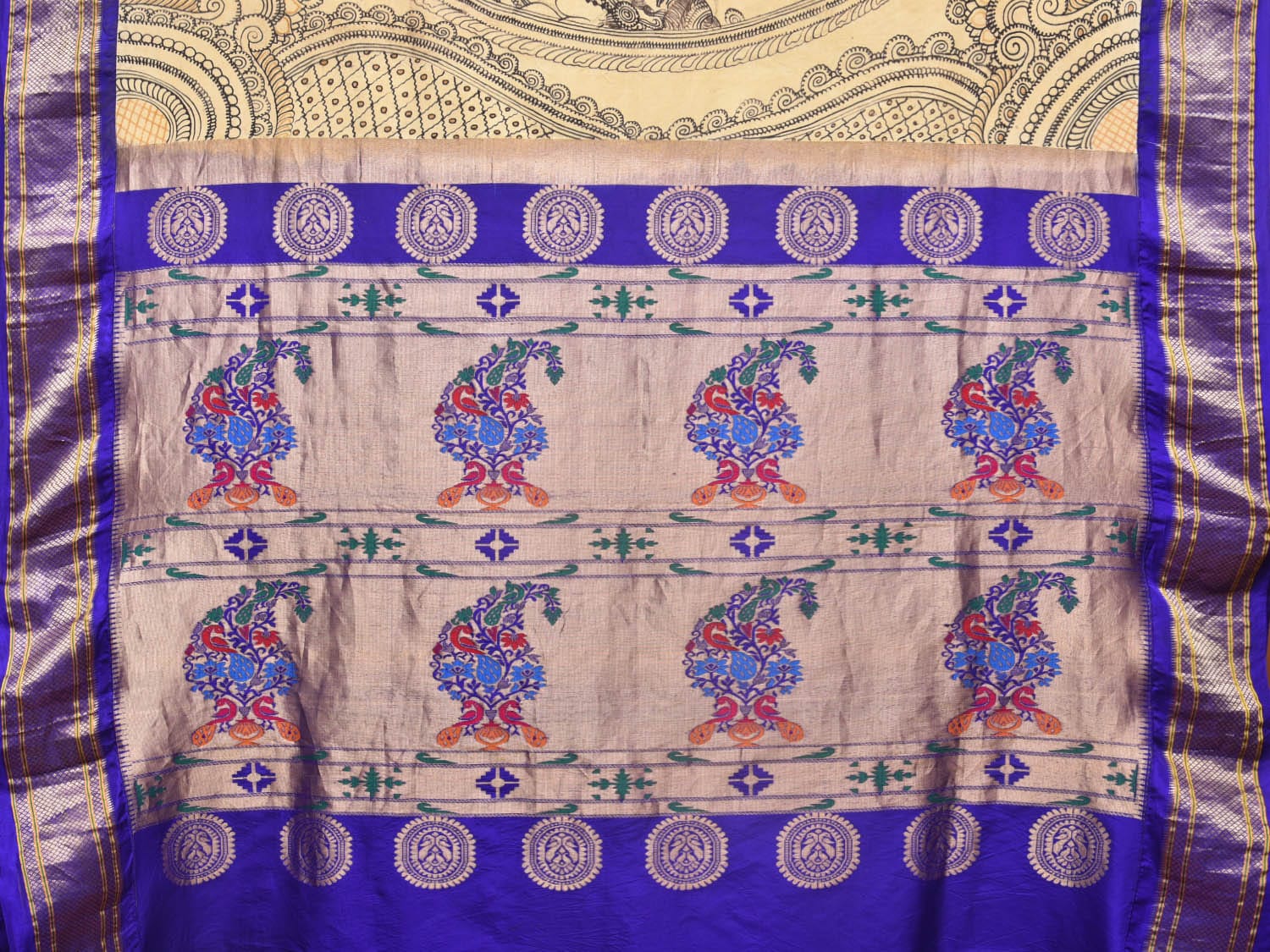 Cream and Blue Kalamkari Hand Painted Paithani Silk Handloom Grab2Buy with Ramayana Design - Global Threads 