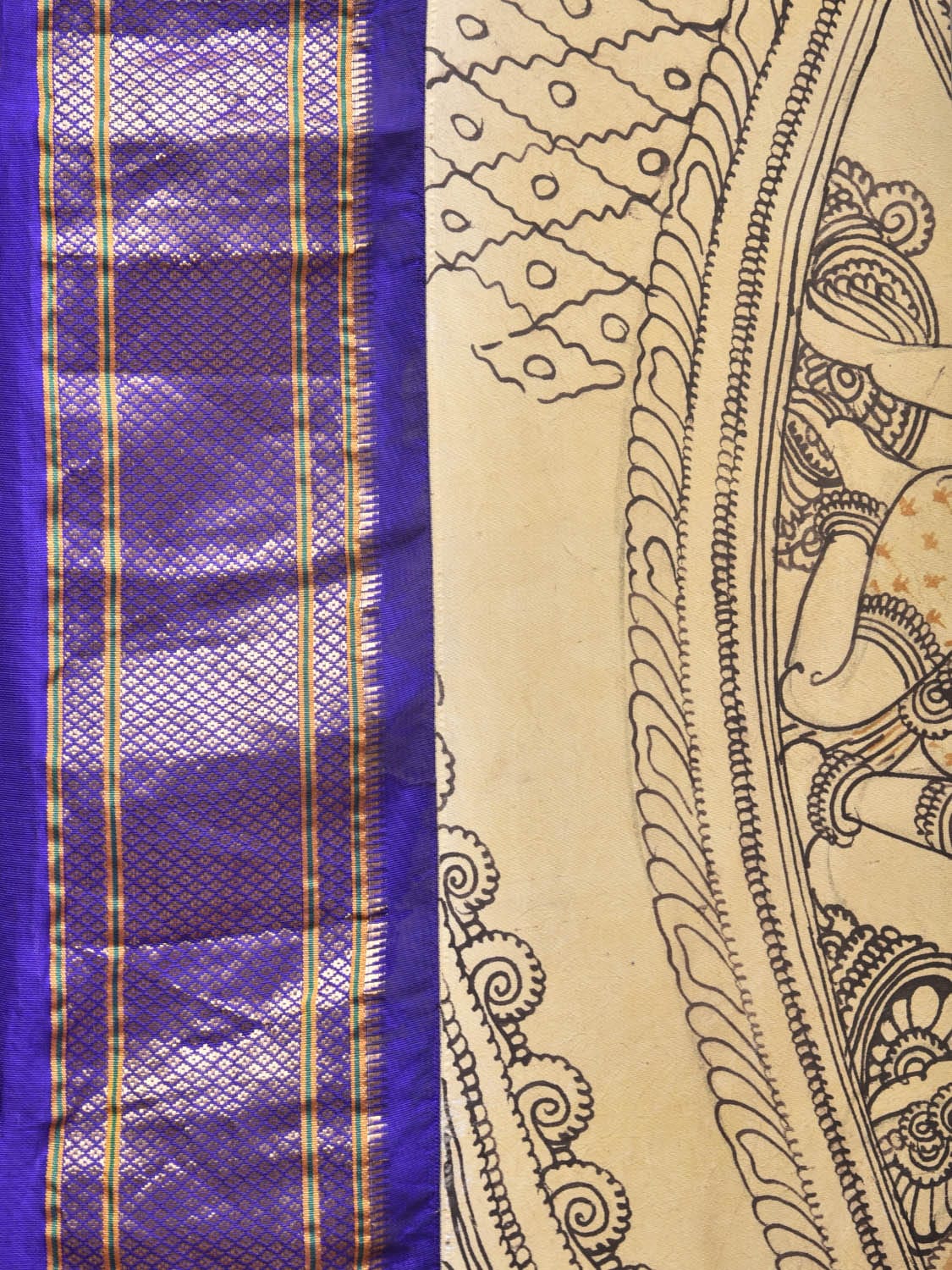 Cream and Blue Kalamkari Hand Painted Paithani Silk Handloom Grab2Buy with Ramayana Design - Global Threads 
