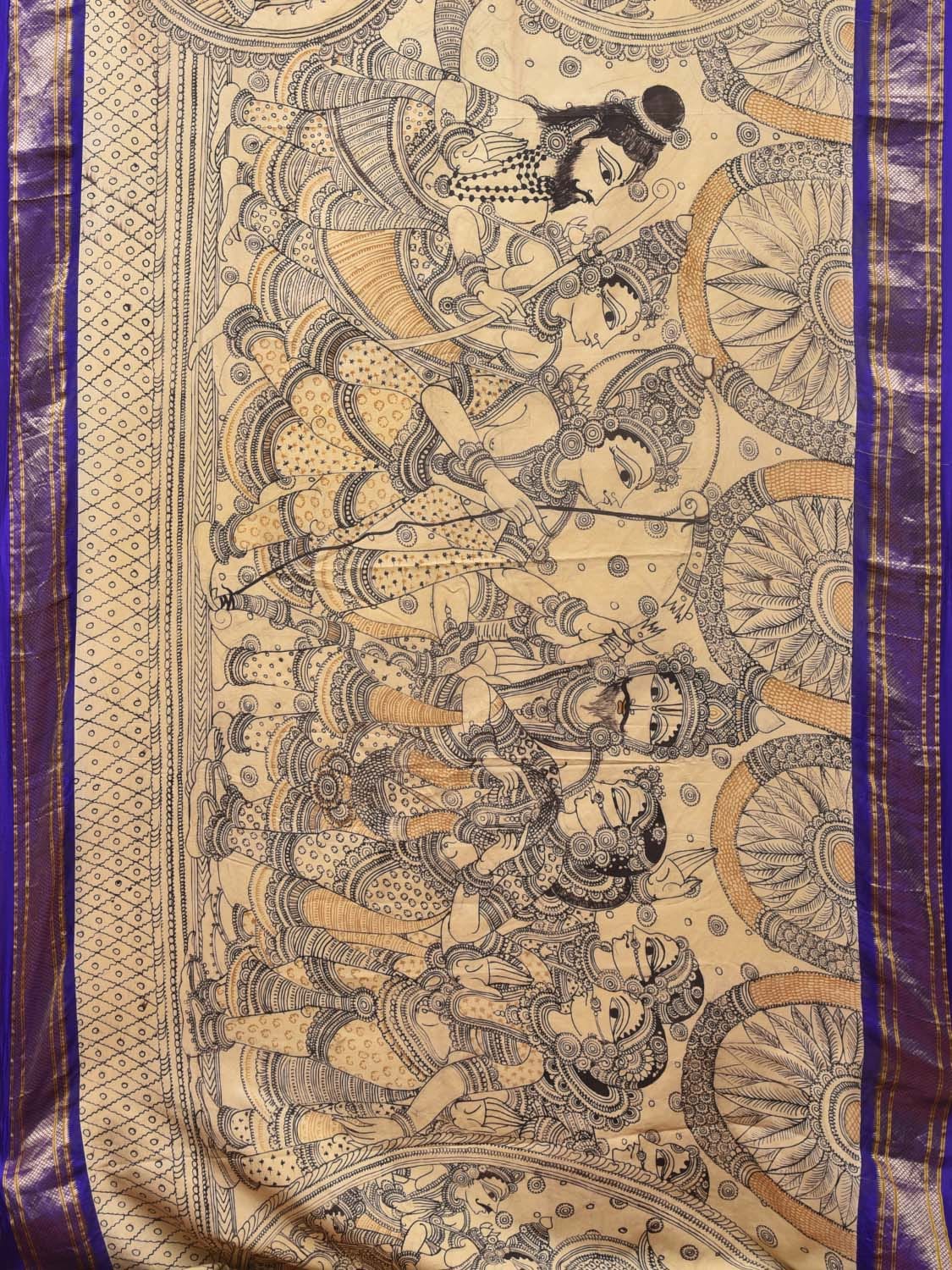 Cream and Blue Kalamkari Hand Painted Paithani Silk Handloom Grab2Buy with Ramayana Design - Global Threads 