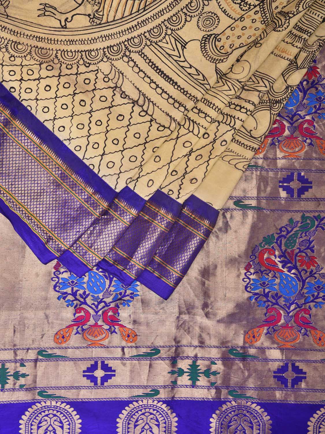Cream and Blue Kalamkari Hand Painted Paithani Silk Handloom Grab2Buy with Ramayana Design - Global Threads 