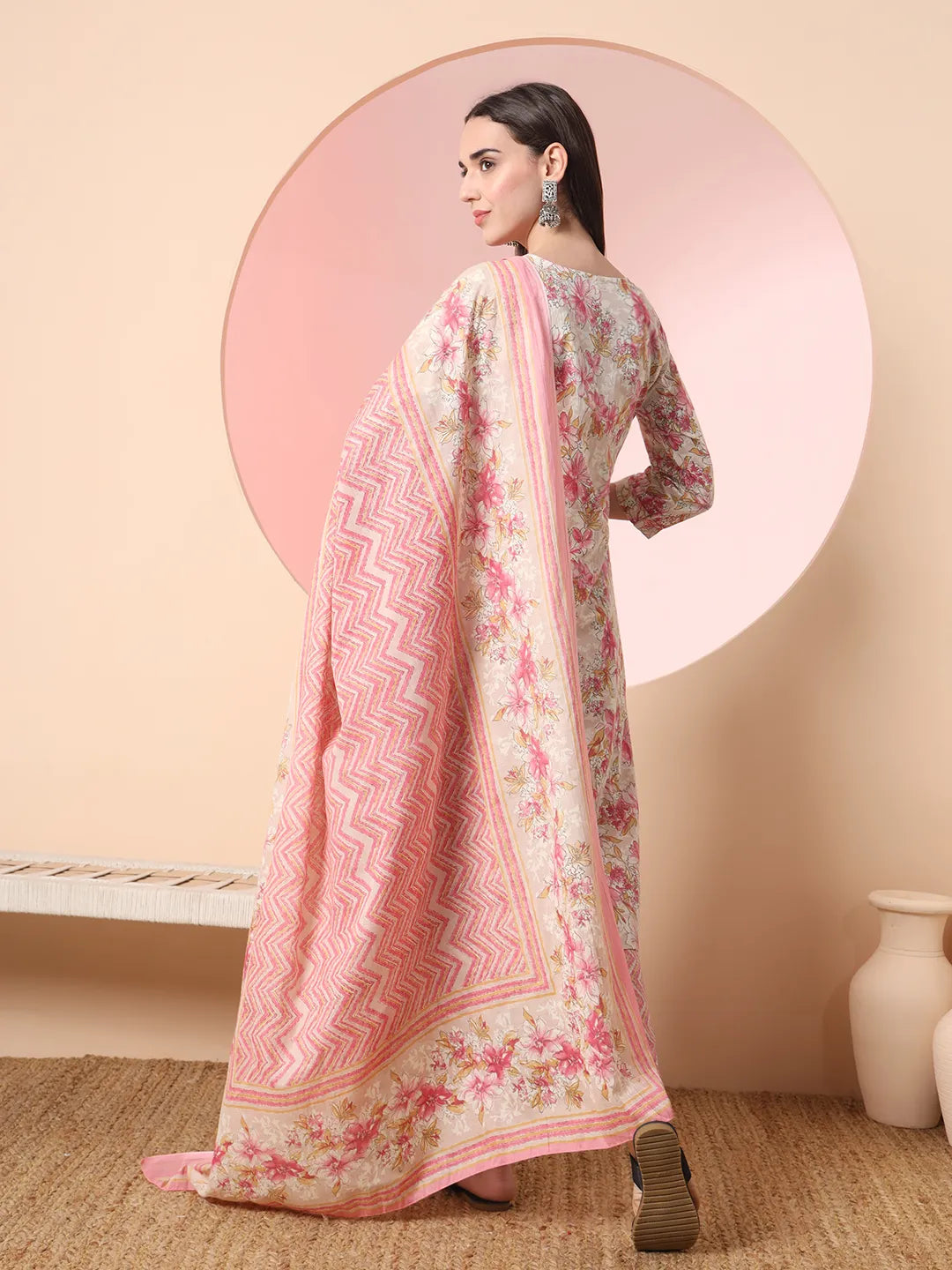 Yufta Cream And Peach Pure Cotton Yuck Design Kurta Dupatta Set With Pants