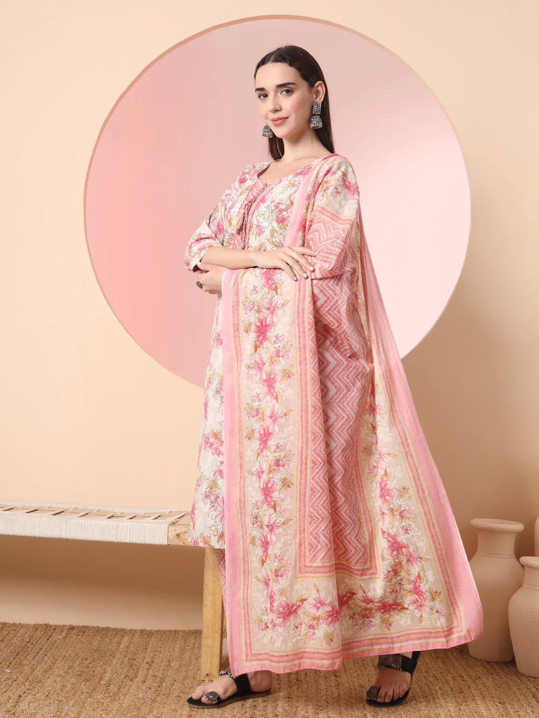 Yufta Cream And Peach Pure Cotton Yuck Design Kurta Dupatta Set With Pants