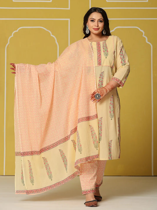 Yufta Cream Cotton Straight Plus Size Kurta Set