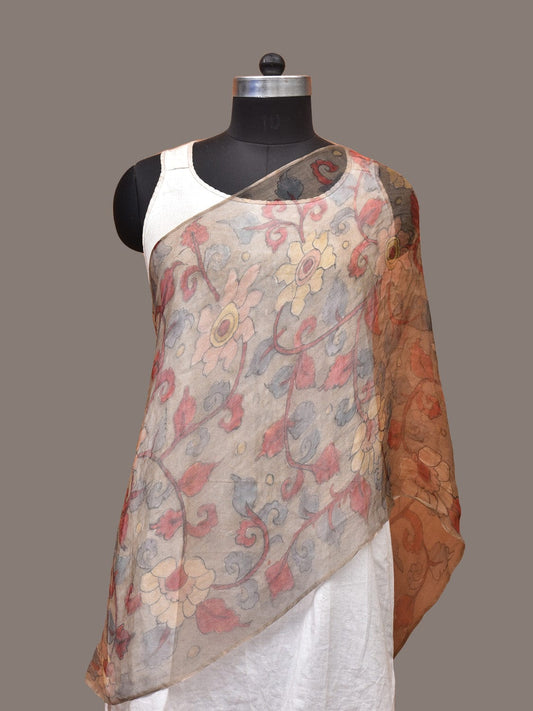 Cream Kalamkari Hand Painted Organza Stole with Floral Design - Global Threads - Grab2buy