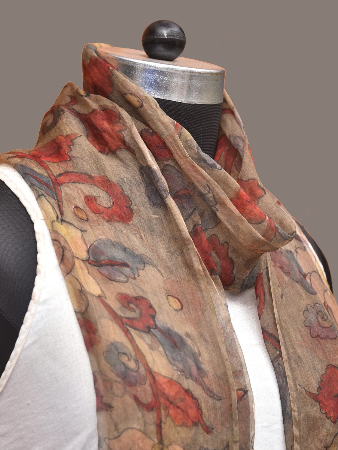 Cream Kalamkari Hand Painted Organza Stole with Floral Design - Global Threads - Grab2buy