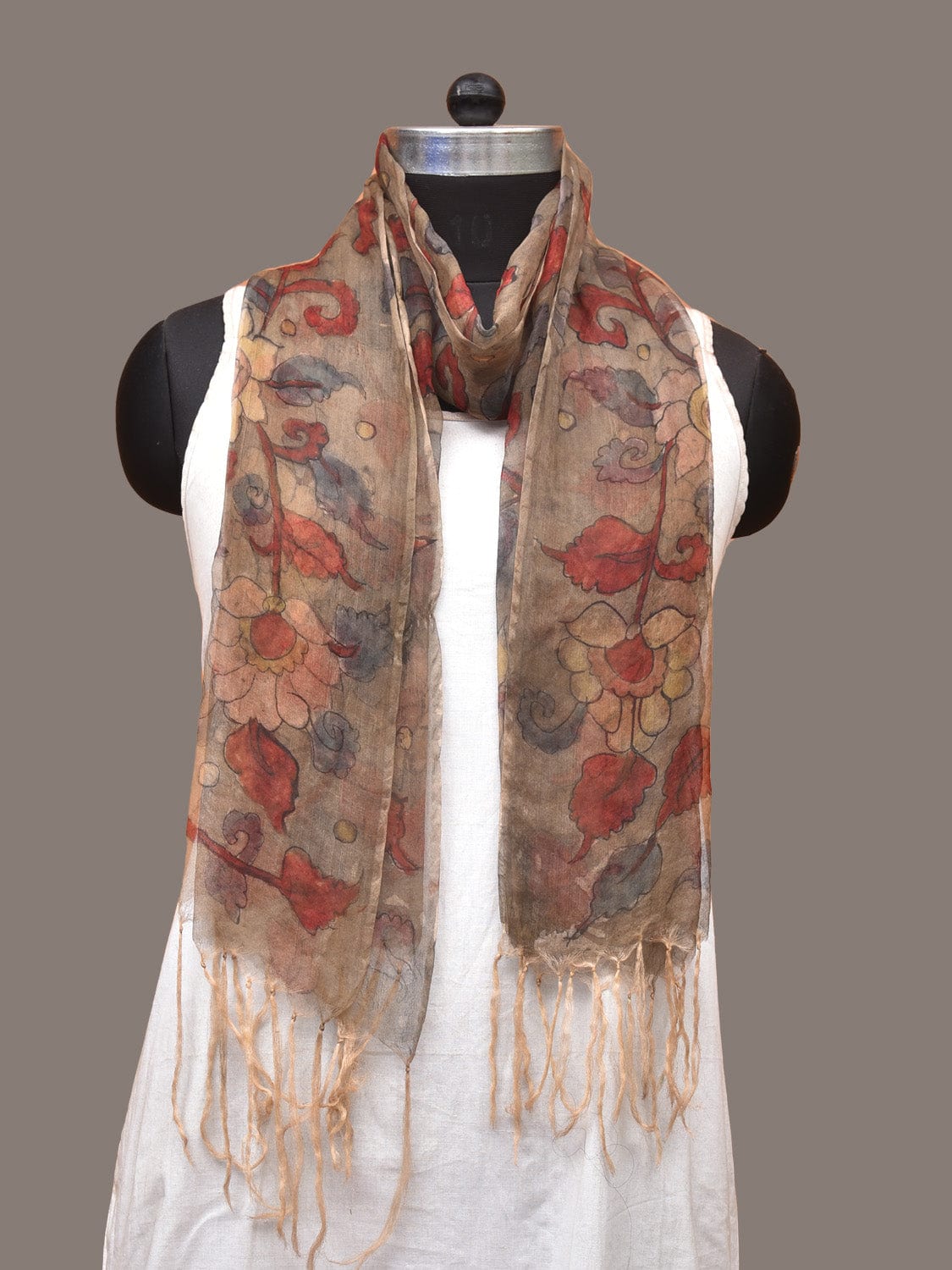 Cream Kalamkari Hand Painted Organza Stole with Floral Design - Global Threads - Grab2buy