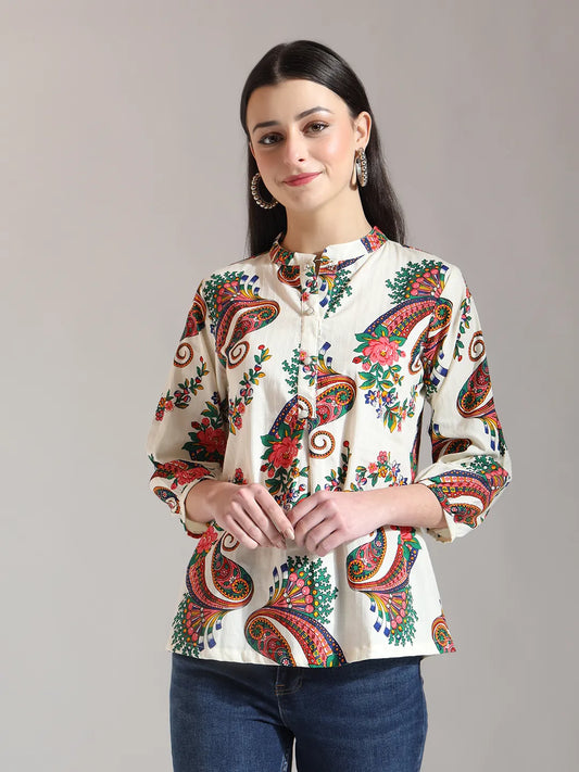 Yufta Cream Pure Cotton Paisley Peplum Top