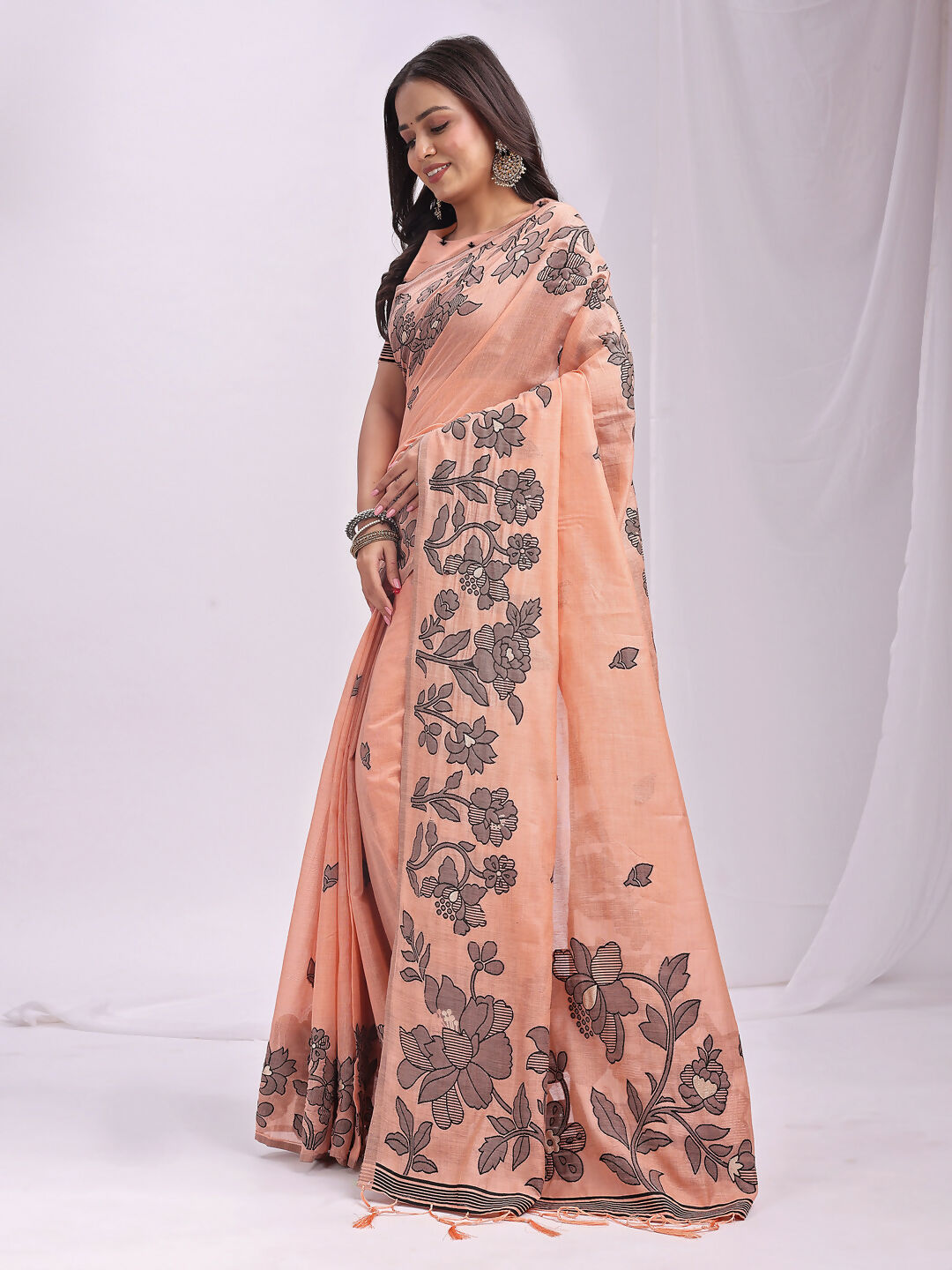 Shree Shyam Fashion Kashira Orange Linen Cotton Saree