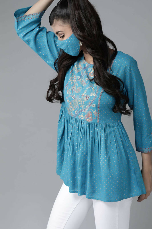 Juniper Women Skyblue Rayon Slub Polka Print Peplum Tunic - Grab2buy