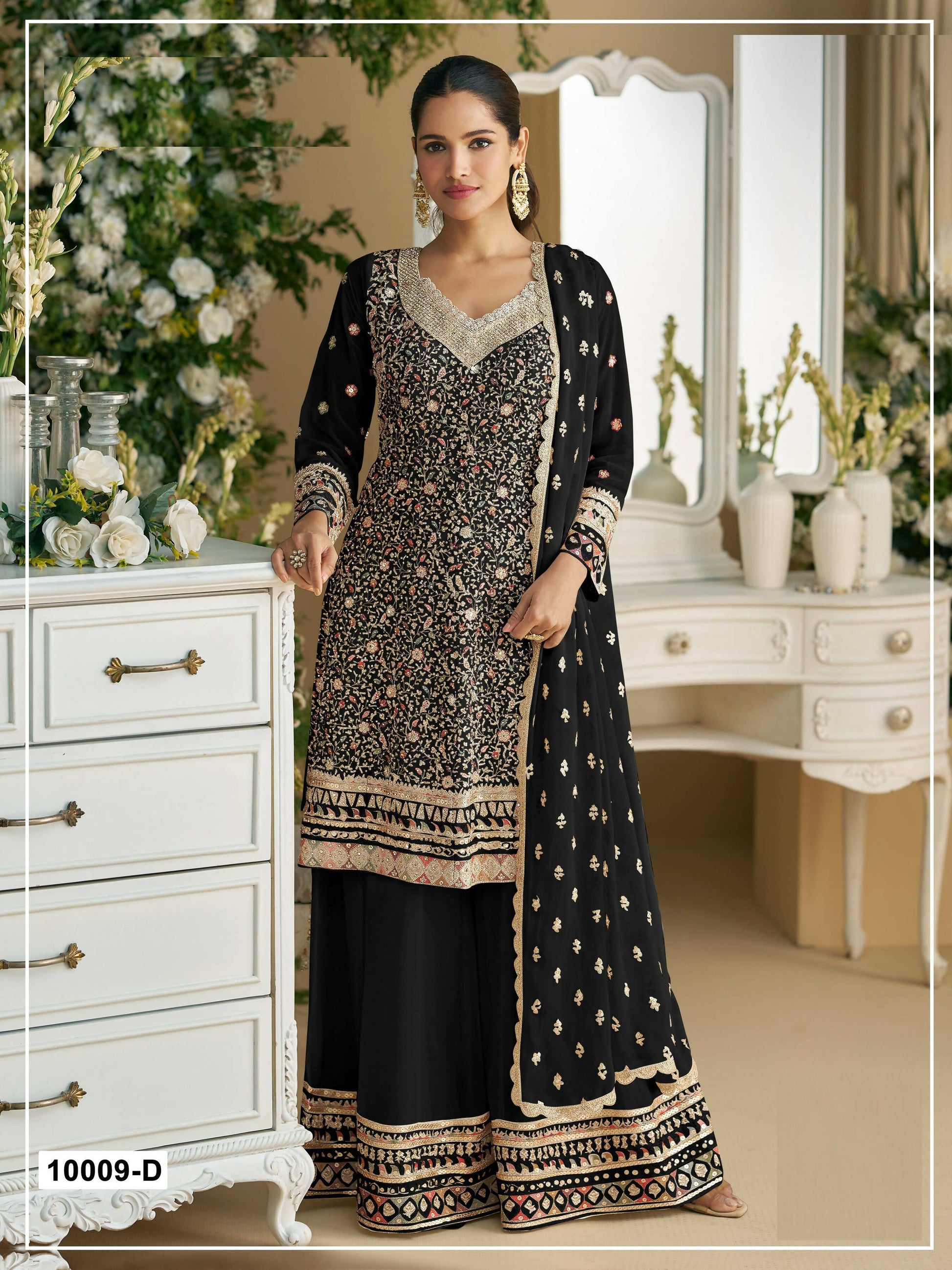 Anaita Black Embroidered Faux Georgette Unstitched Plazo Suit