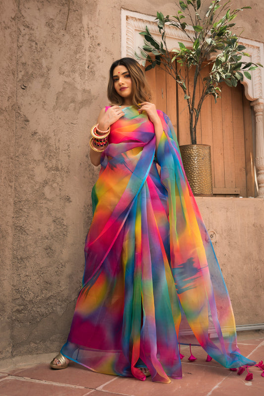 Pomcha Jaipur Rainbow Organza Printed Saree - Grab2buy