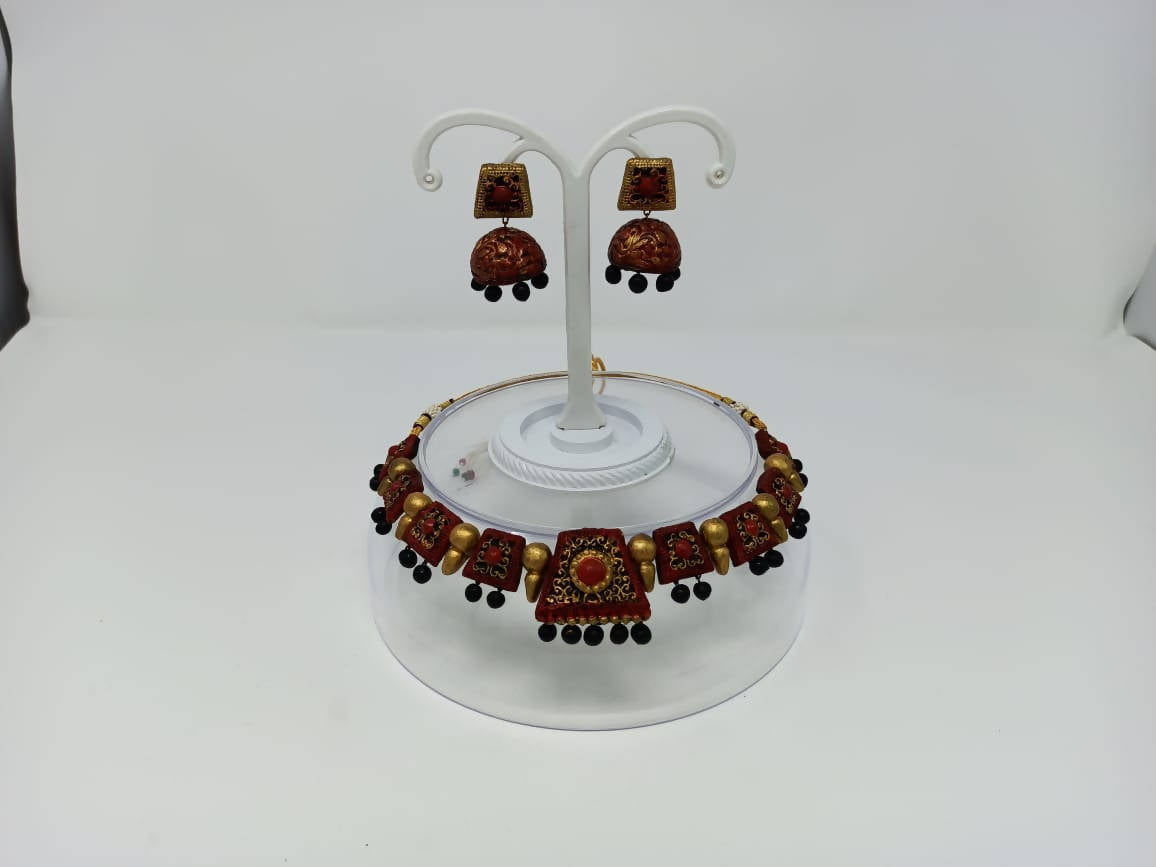 Terracotta Red and Black Choker Necklace Set Paired with Temple Earrings
