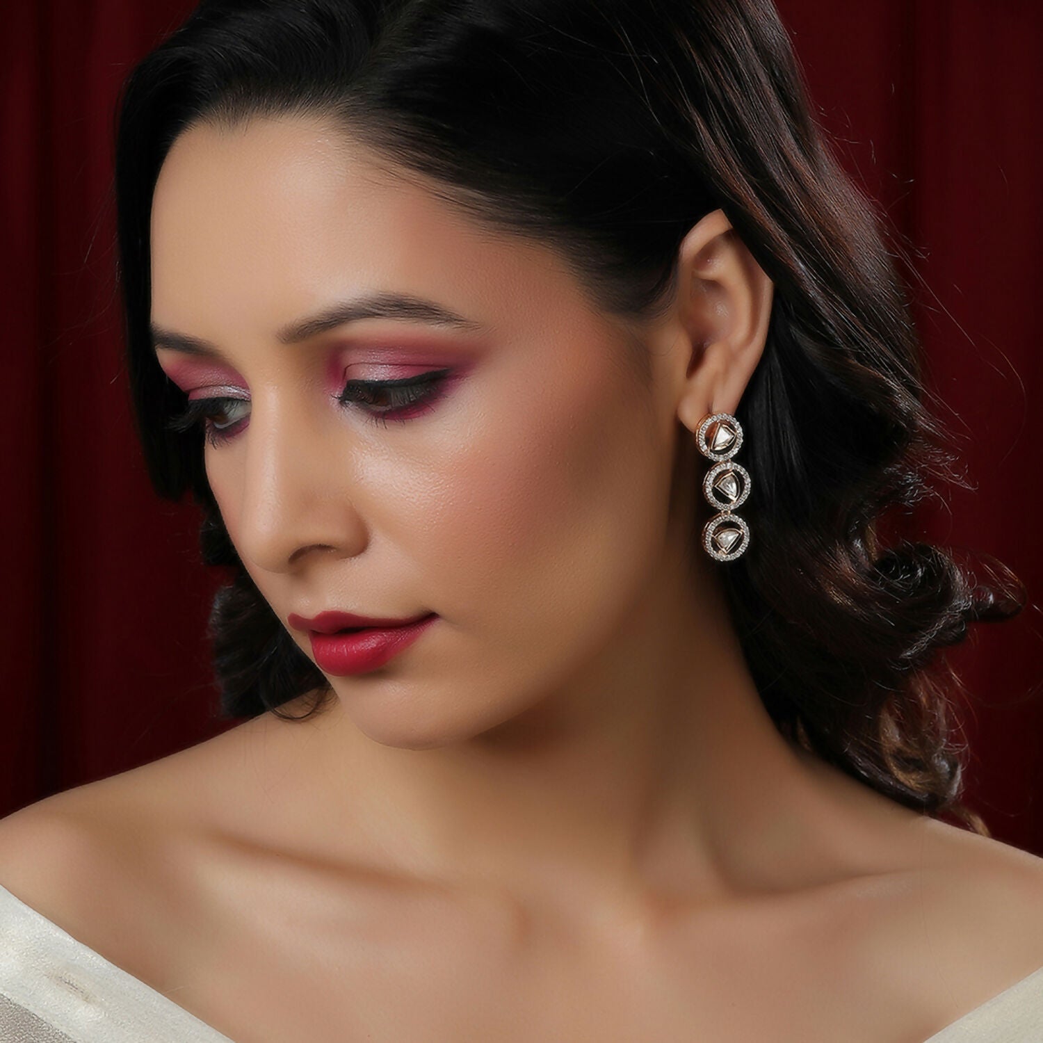 3 Tier Round Diamond and Kundan Earrings (Gold) - Ruby Raang | Grab2Buy