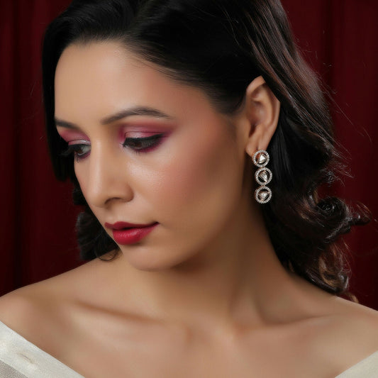3 Tier Round Diamond and Kundan Earrings (Gold) - Ruby Raang | Grab2Buy