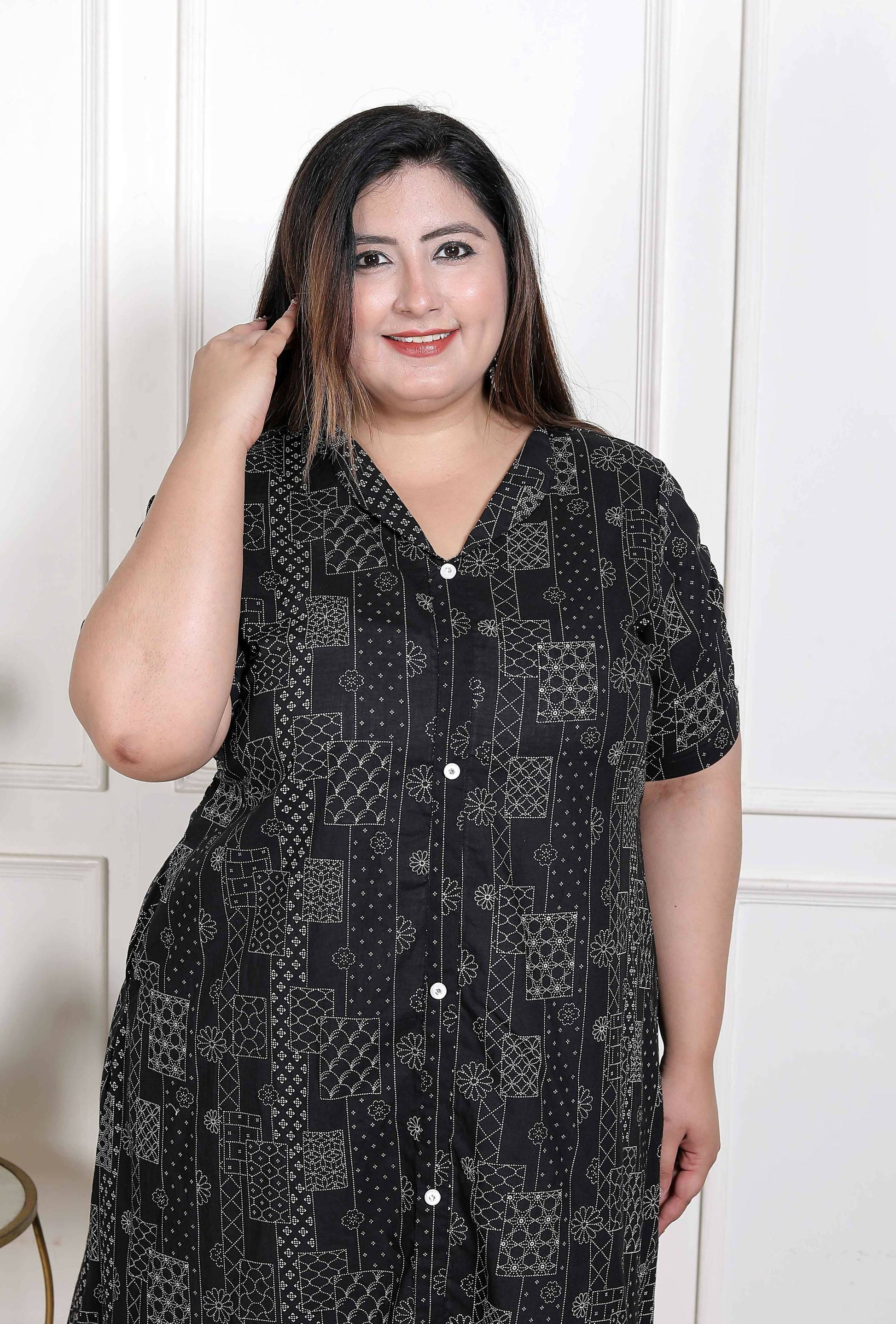 Miravan Women's Plus Size Pure Cotton Black Floral Printed Front Button A-Line Kurta 