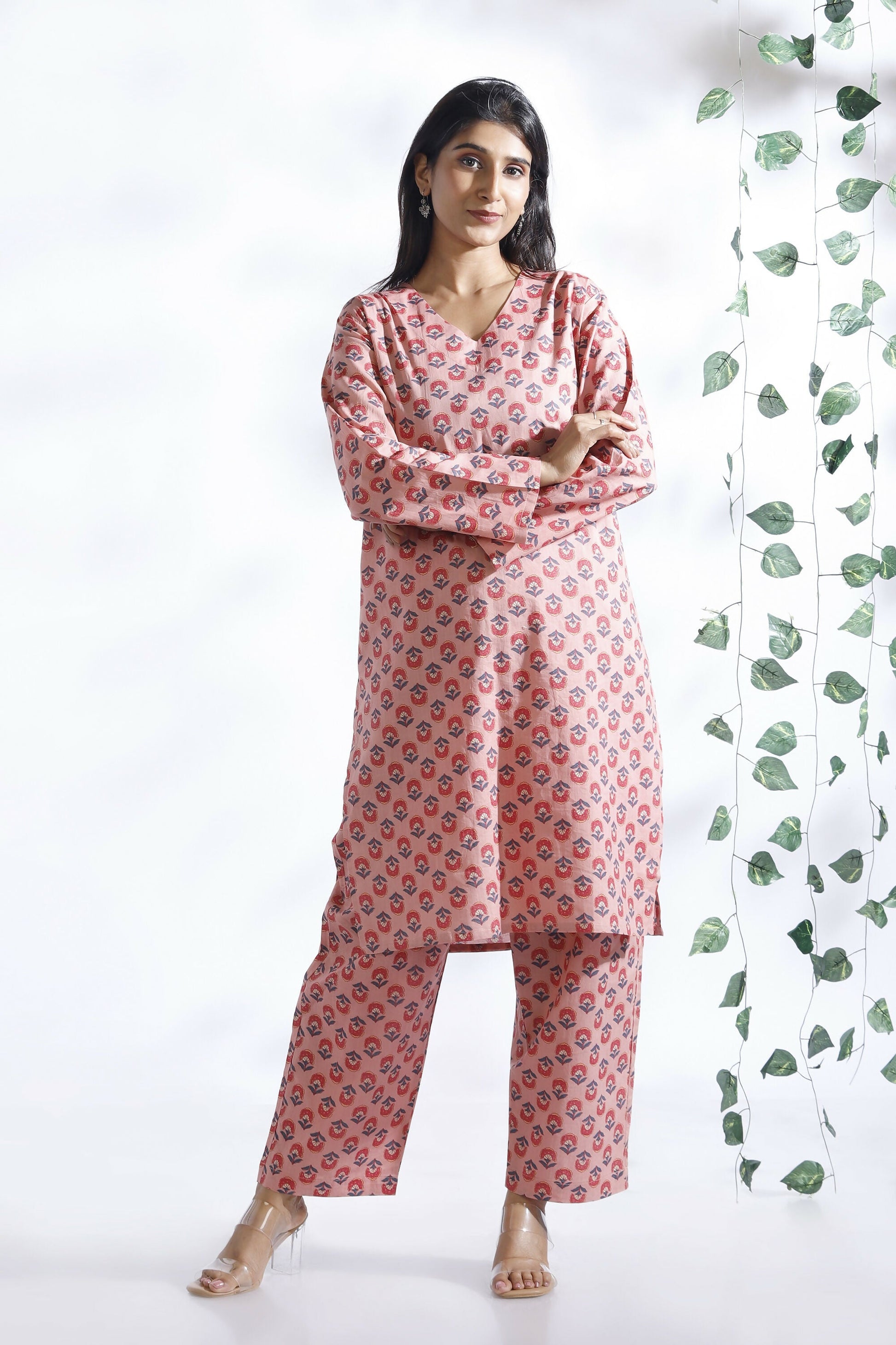 Breathables Women’S Loungewear Long Kurta Co-Ord Set Cotton Pink Indian Motif Butta Print
